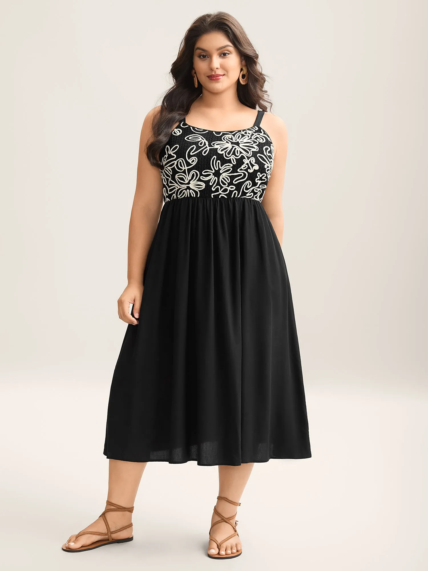Floral Embroidered Pockets Spliced Midi Dress sold by Bloomchic