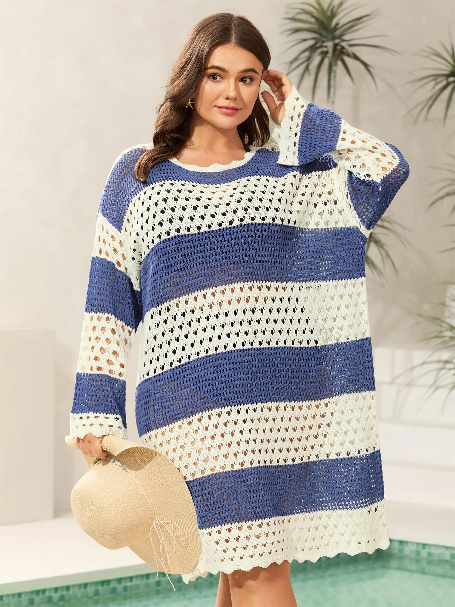 Striped Cut-Out Color Contrast Swim Cover-Up sold by Bloomchic