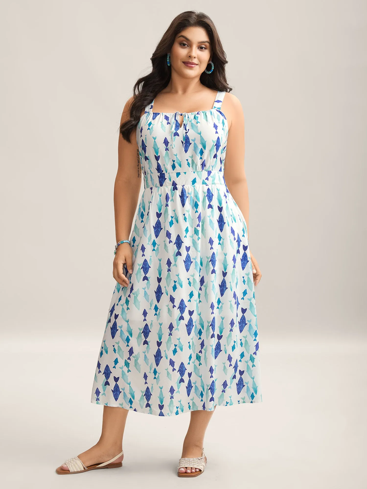 Rayon Fish Print Waist-Defining Maxi Dress sold by Bloomchic