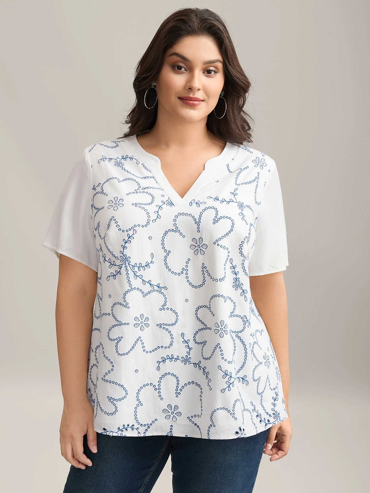 Large Floral Print Split Neck Blouse sold by Bloomchic