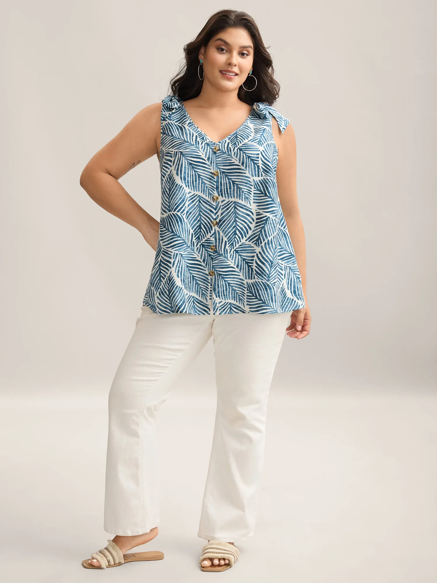 Bow Shoulder Leaf Print Button Tank Top sold by Bloomchic product image thumbnail 3