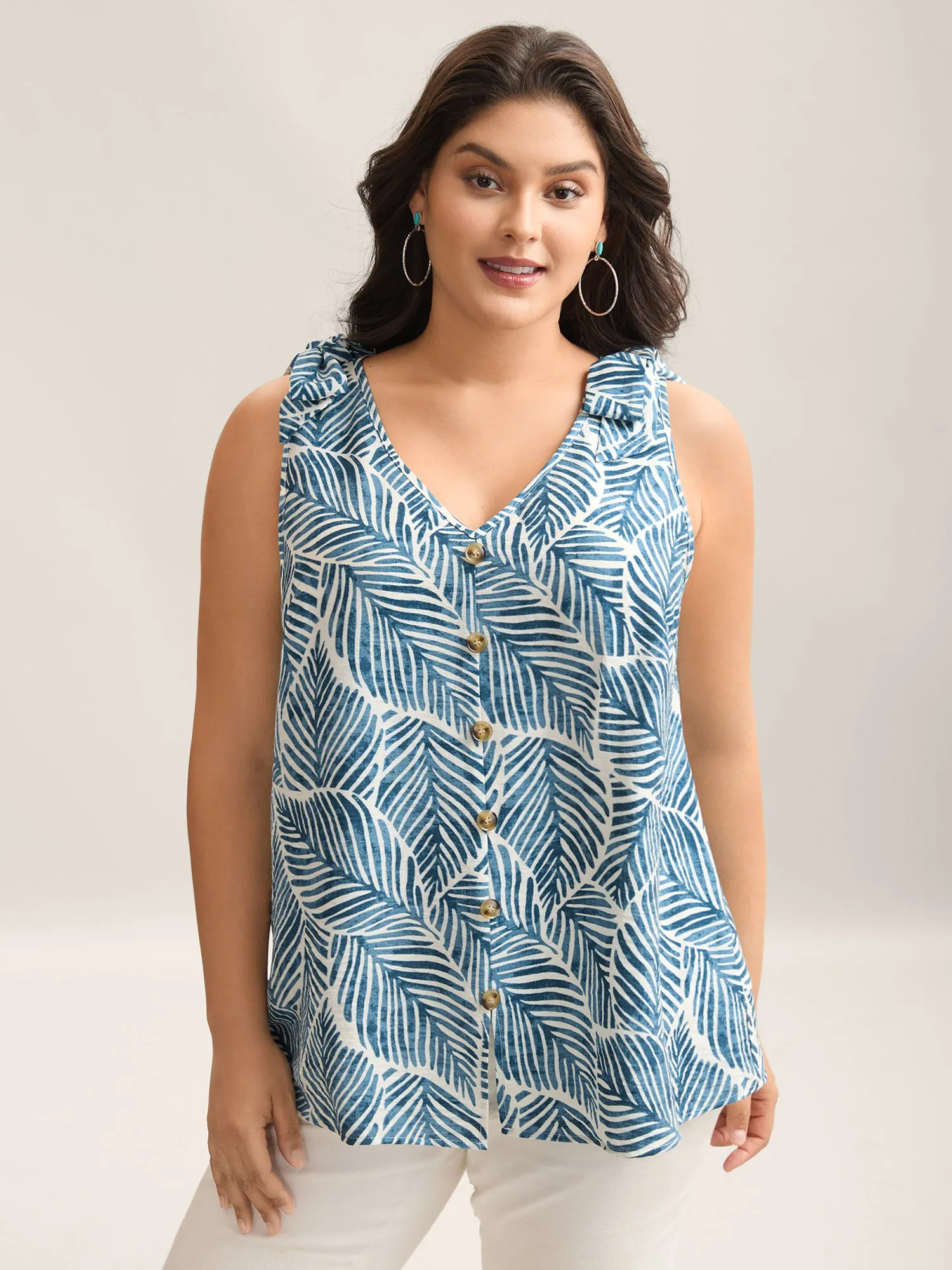 Bow Shoulder Leaf Print Button Tank Top sold by Bloomchic