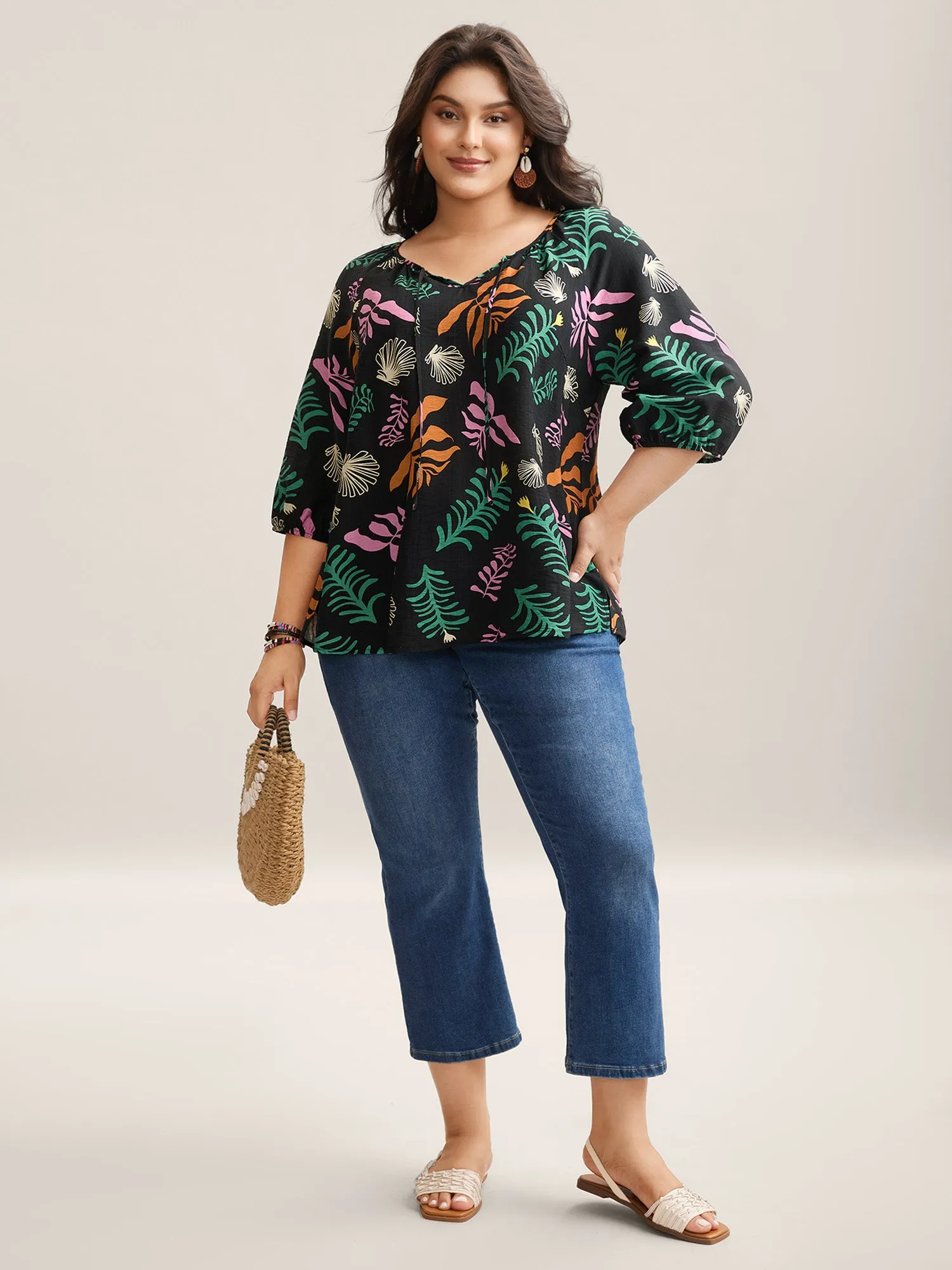 Multi-Color Leaf Print Tassels Blouse sold by Bloomchic product image thumbnail 3