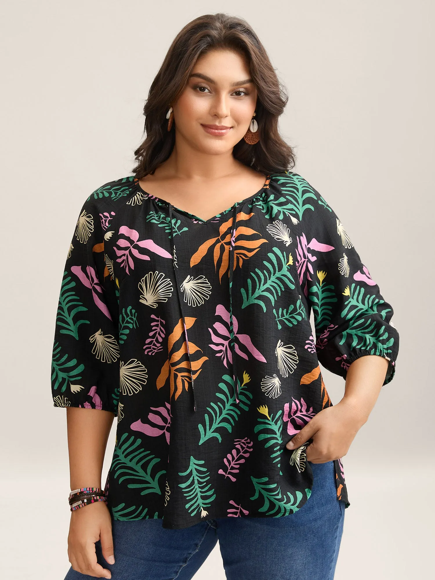 Multi-Color Leaf Print Tassels Blouse sold by Bloomchic
