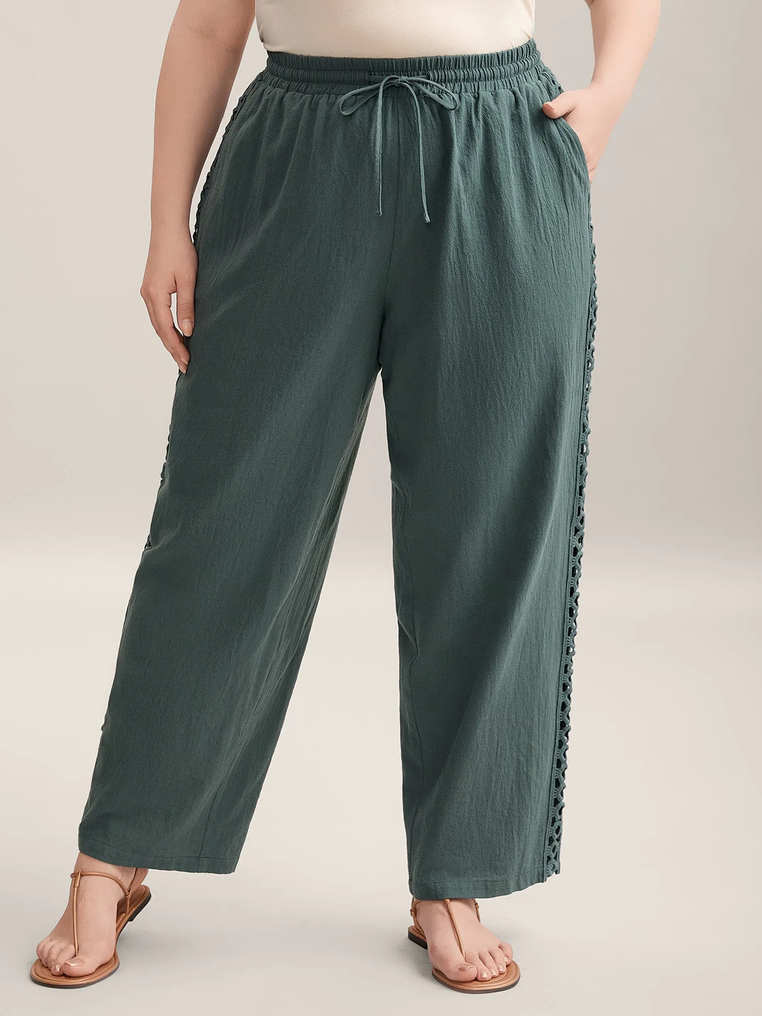 Cotton Side Lace Straight-Fit Plain Pants sold by Bloomchic product image thumbnail 4