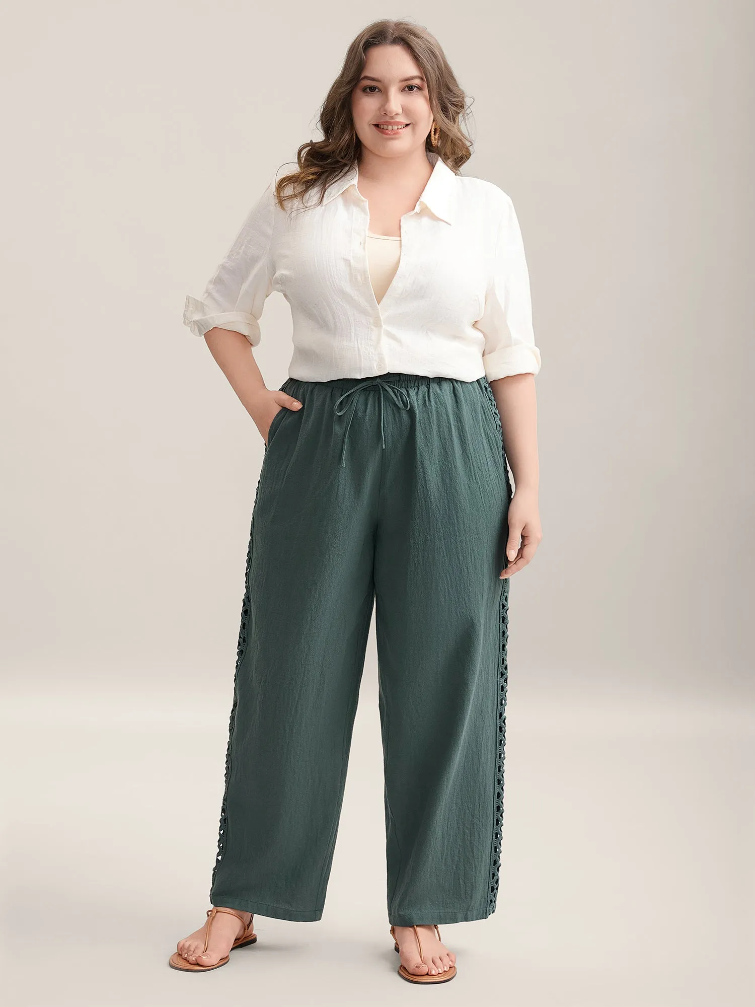 Cotton Side Lace Straight-Fit Plain Pants sold by Bloomchic product image thumbnail 2