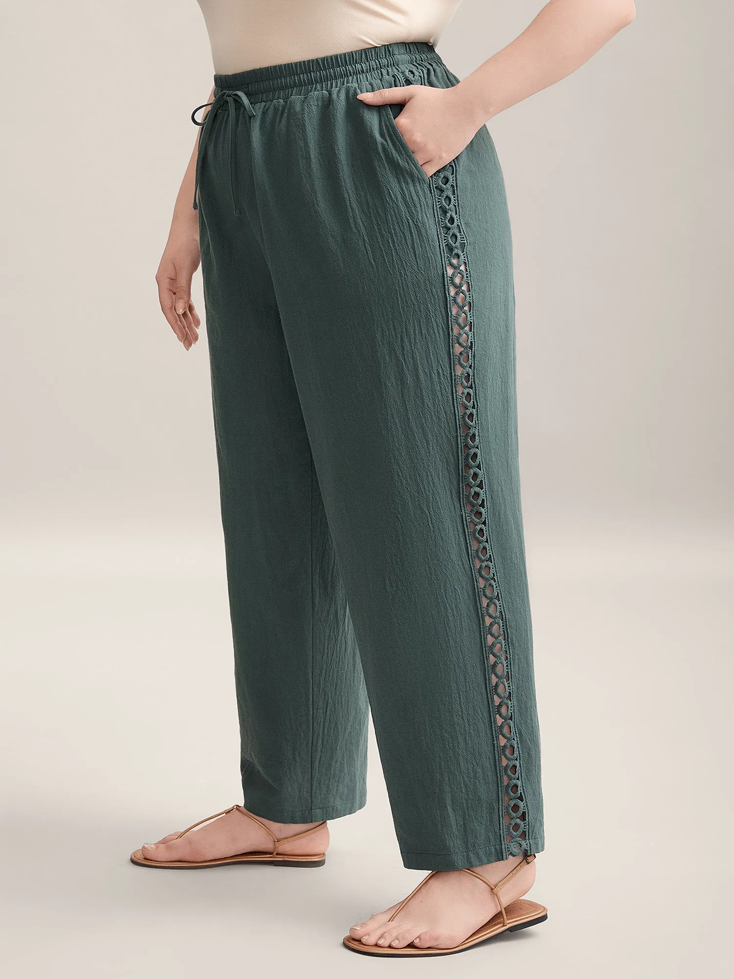 Cotton Side Lace Straight-Fit Plain Pants sold by Bloomchic