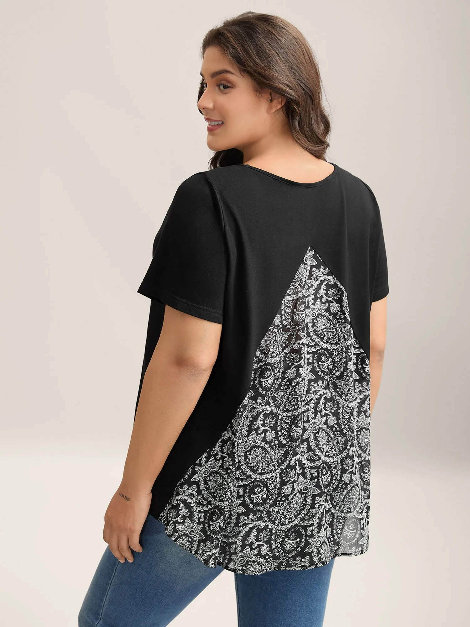 Paisley Print Crew Neck Spliced T-Shirt sold by Bloomchic