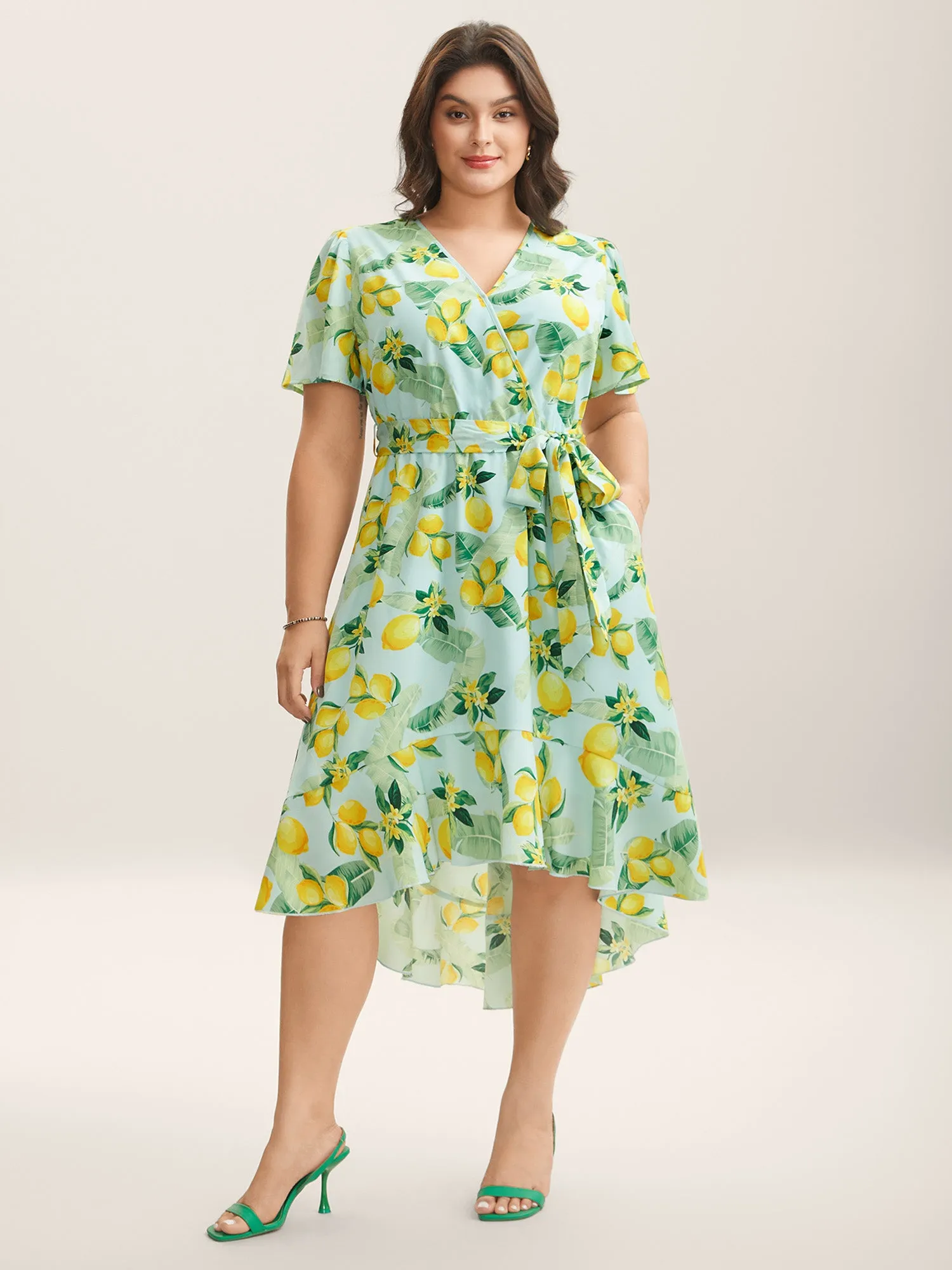 Citrus Print Ruffled Hem Belted Midi Dress sold by Bloomchic