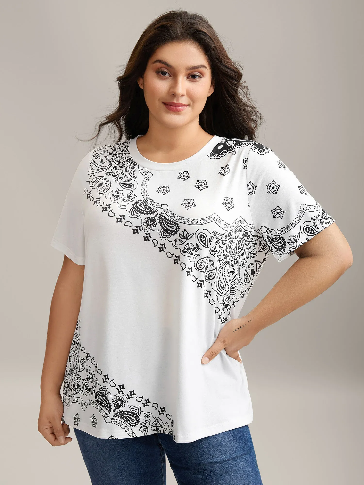 Boho Print Plain Crewneck T-Shirt sold by Bloomchic