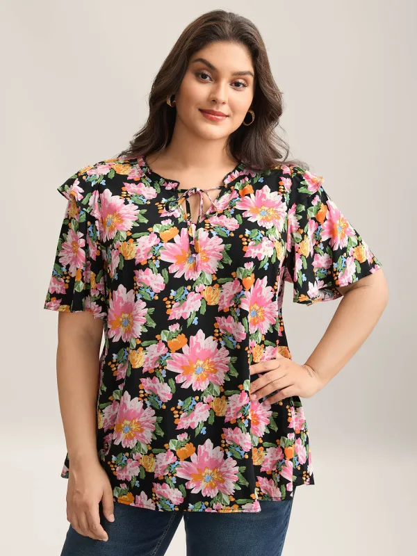 Large Flower Print Layered Sleeve Shirt sold by Bloomchic