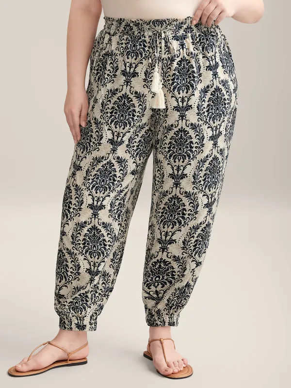 Damask Print Shirred Tie Jogger Pants sold by Bloomchic