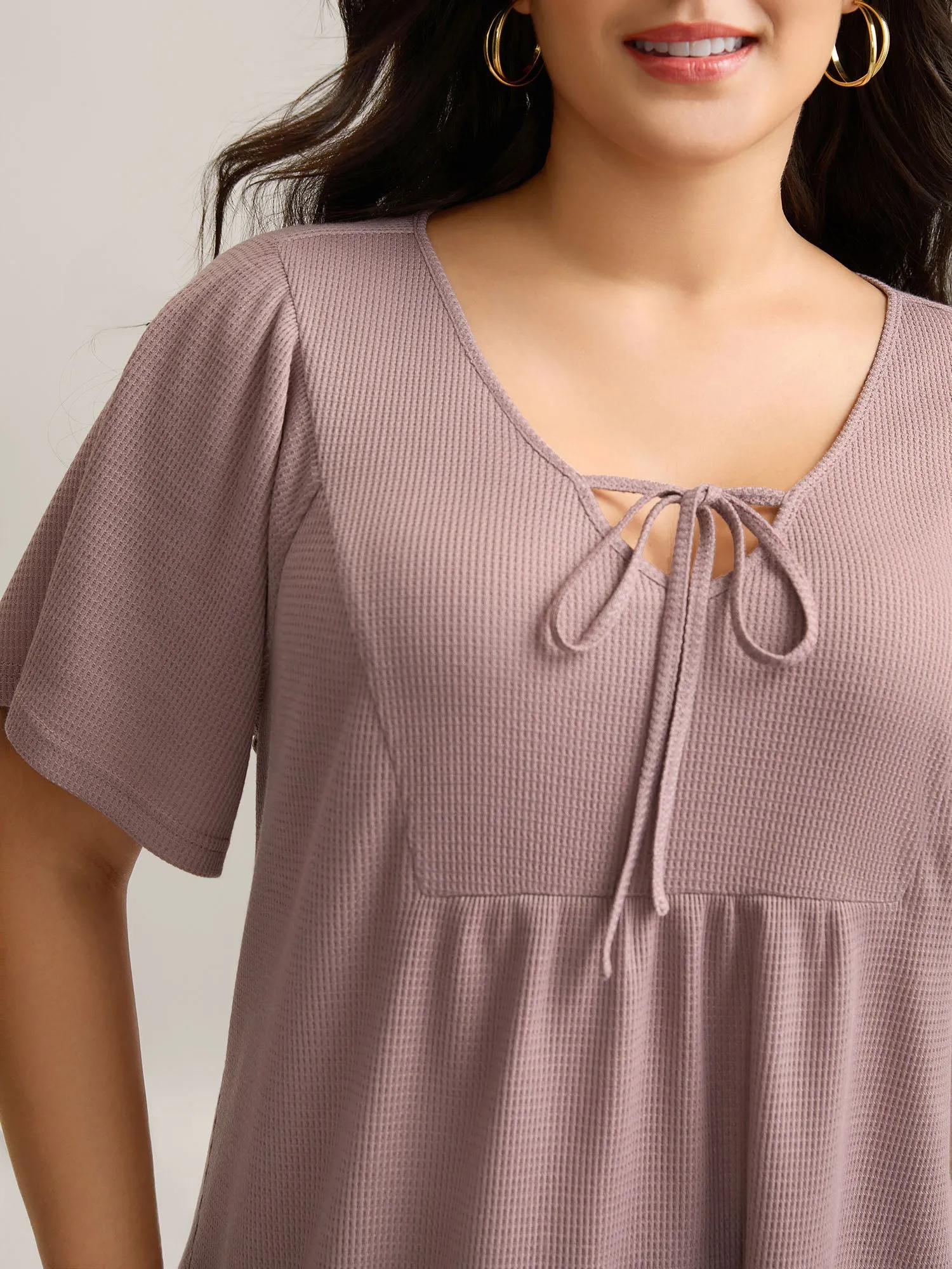 Waffle Neck-Tie Flowy Plain Knit Top sold by Bloomchic product image thumbnail 2