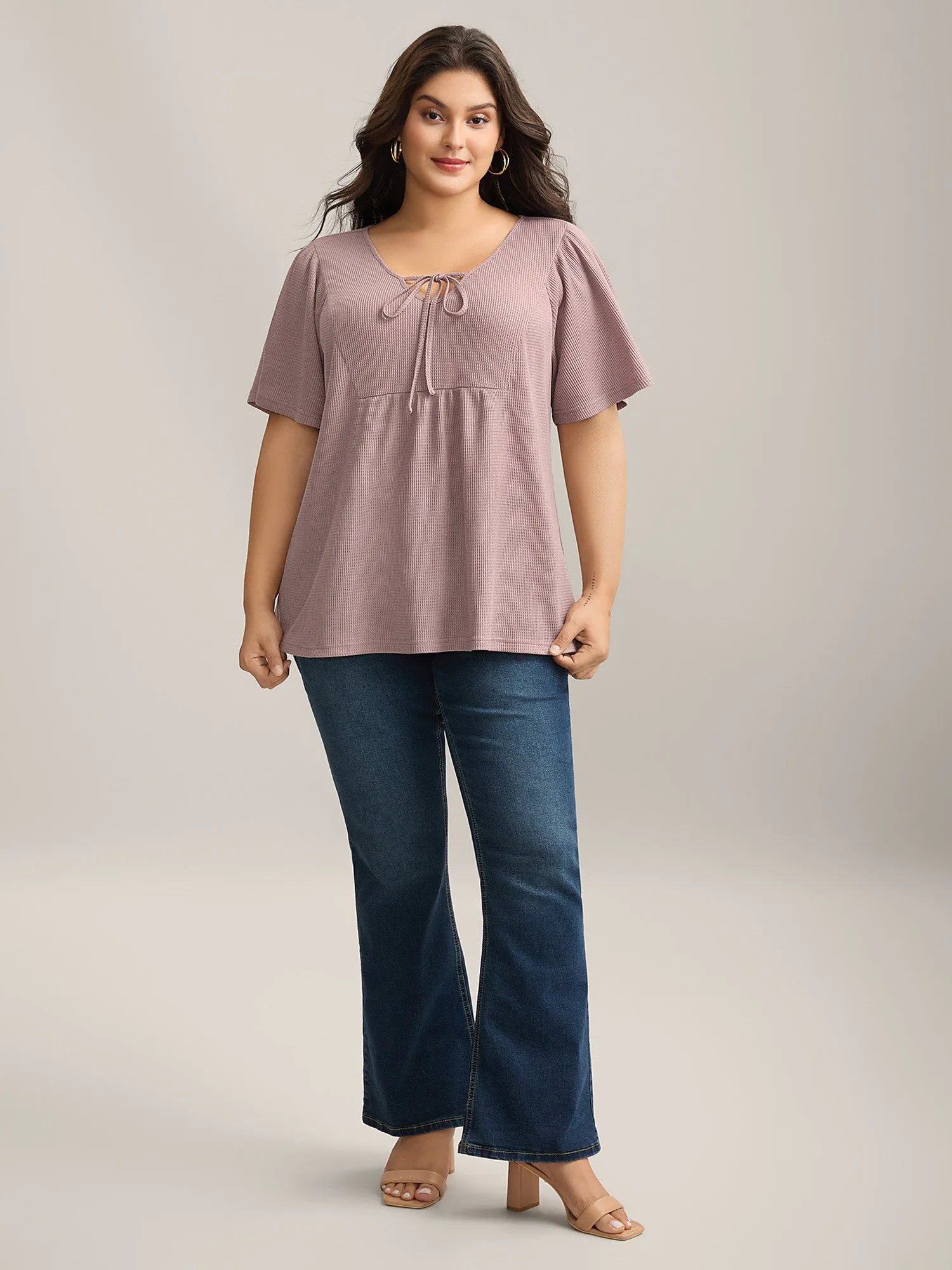 Waffle Neck-Tie Flowy Plain Knit Top sold by Bloomchic product image thumbnail 3