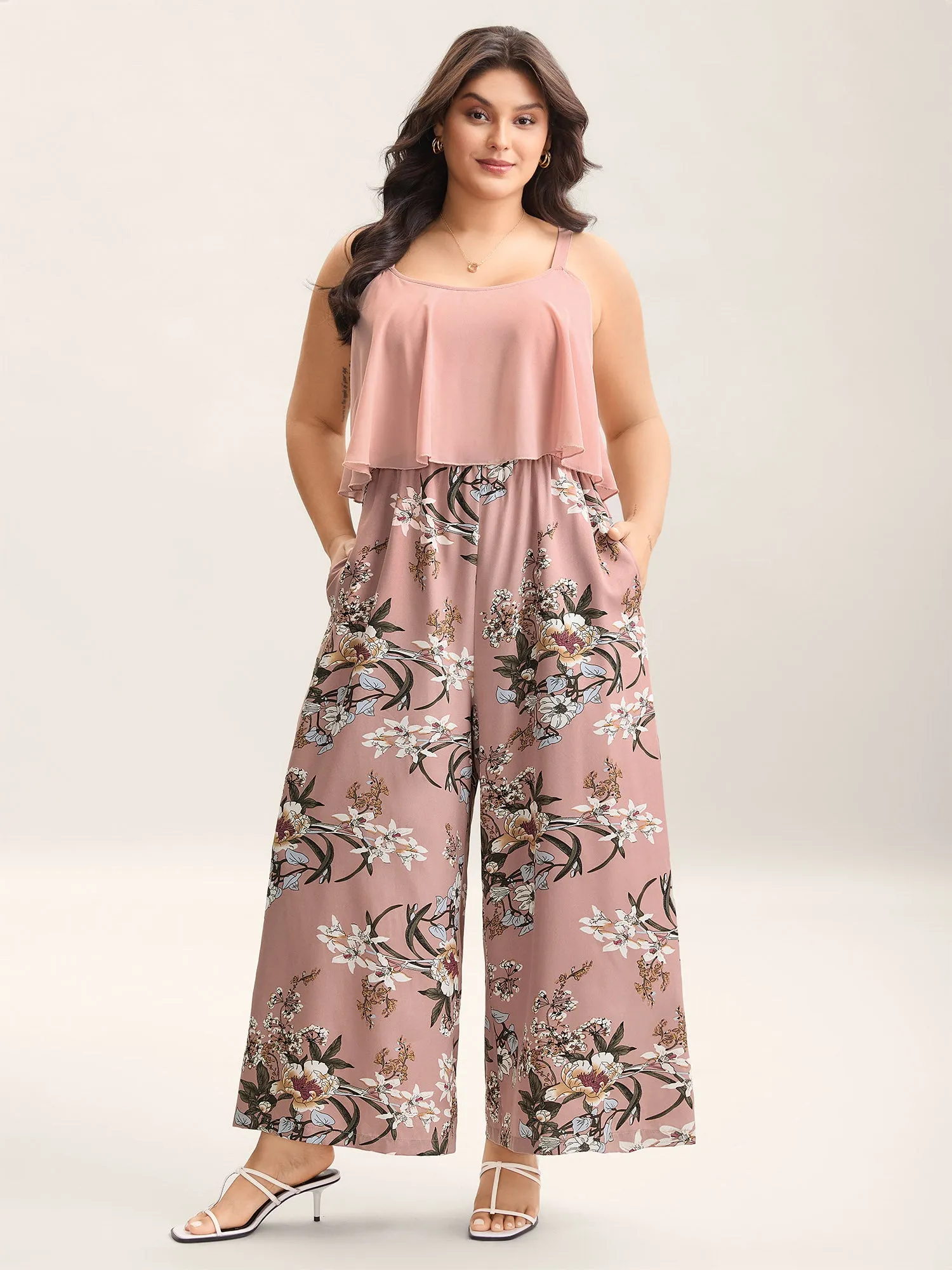 Large Flower Print Spliced Wide-Leg Jumpsuit sold by Bloomchic