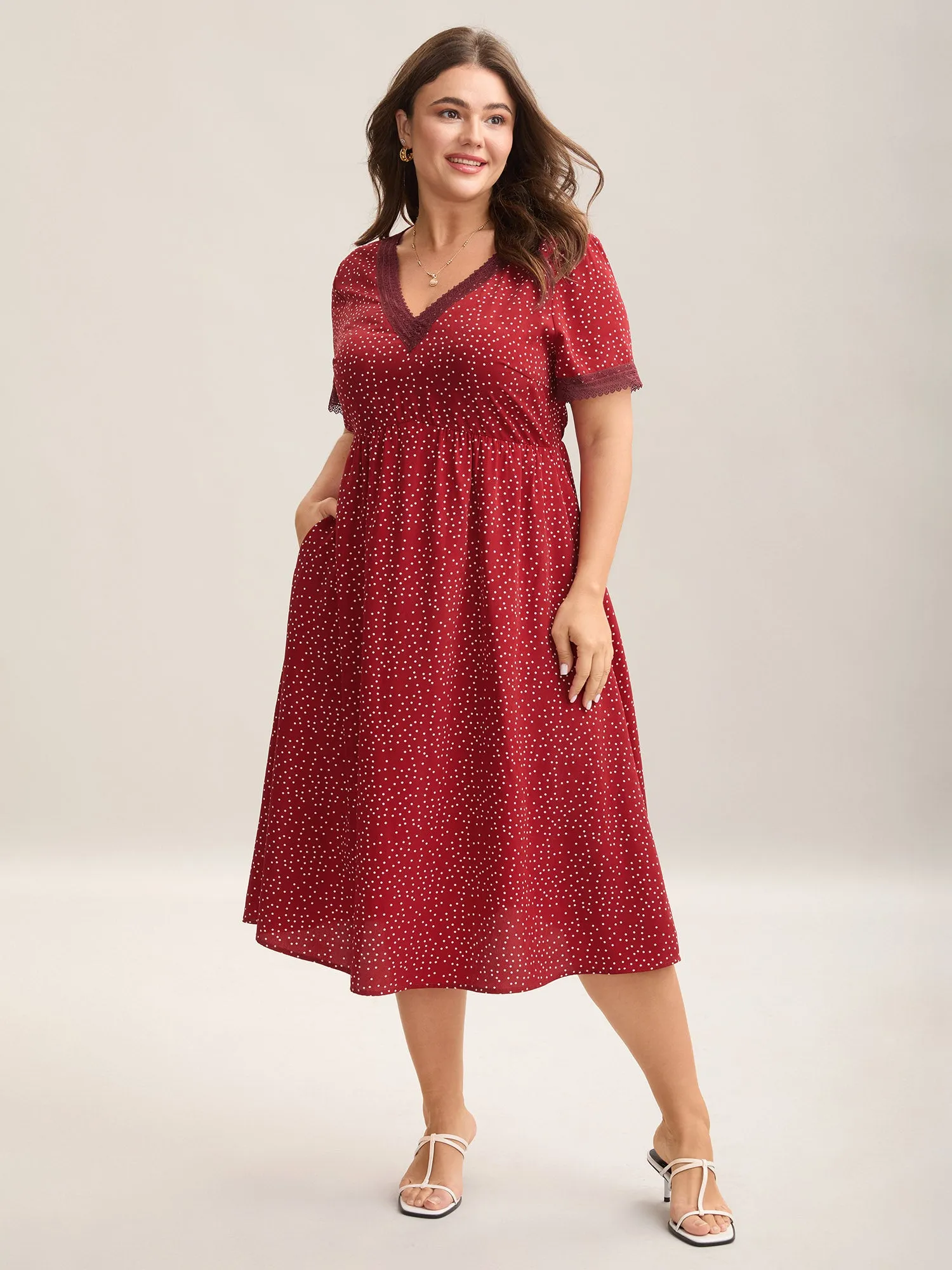 Polka Dots Lace Waist-Cinched Midi Dress sold by Bloomchic product image thumbnail 3