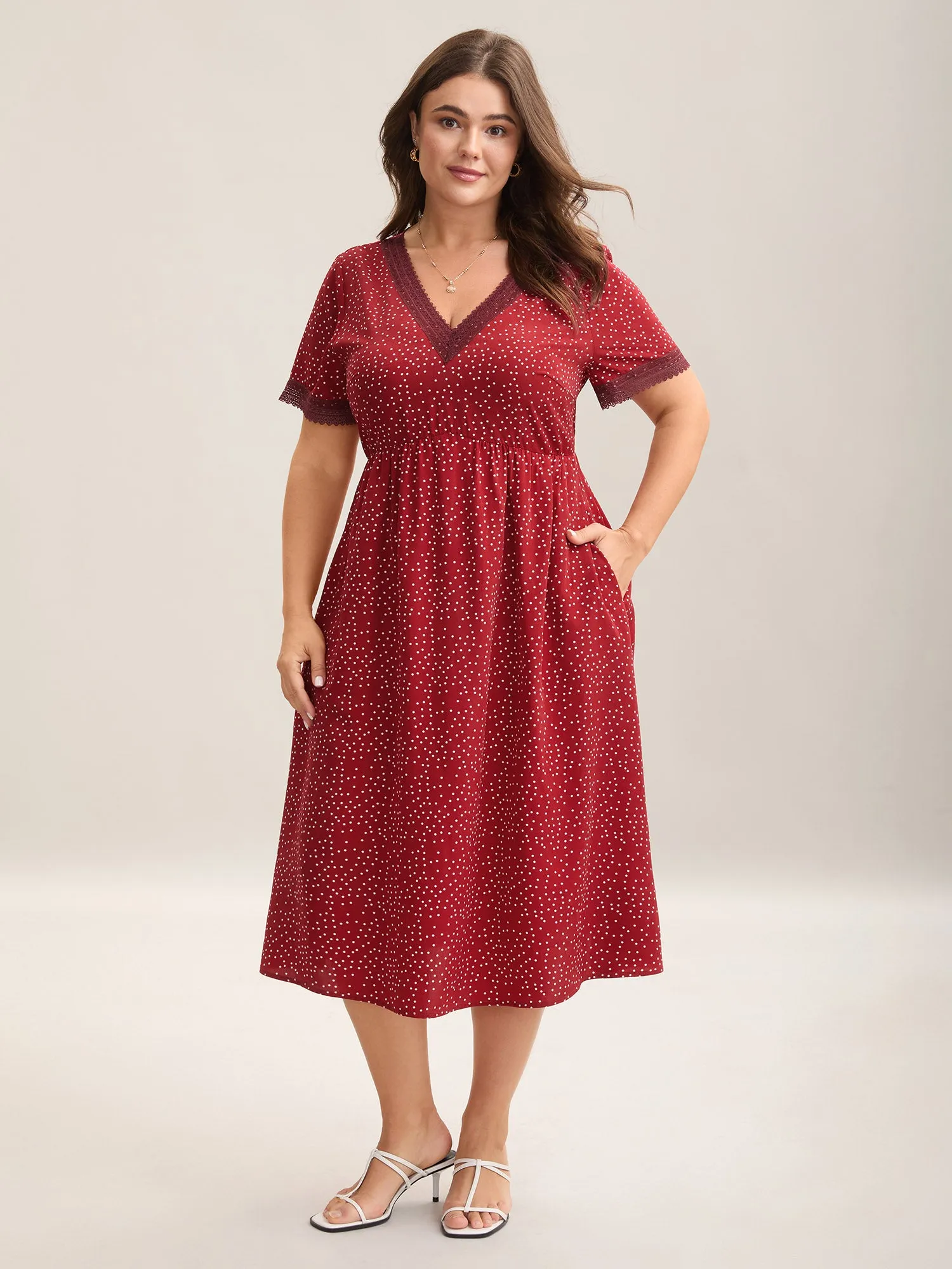 Polka Dots Lace Waist-Cinched Midi Dress sold by Bloomchic