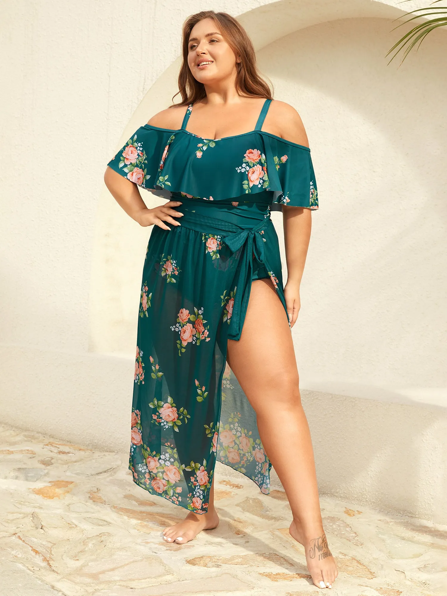 Two-Piece Floral Ruffled Knotted One-Piece, Sarong sold by Bloomchic