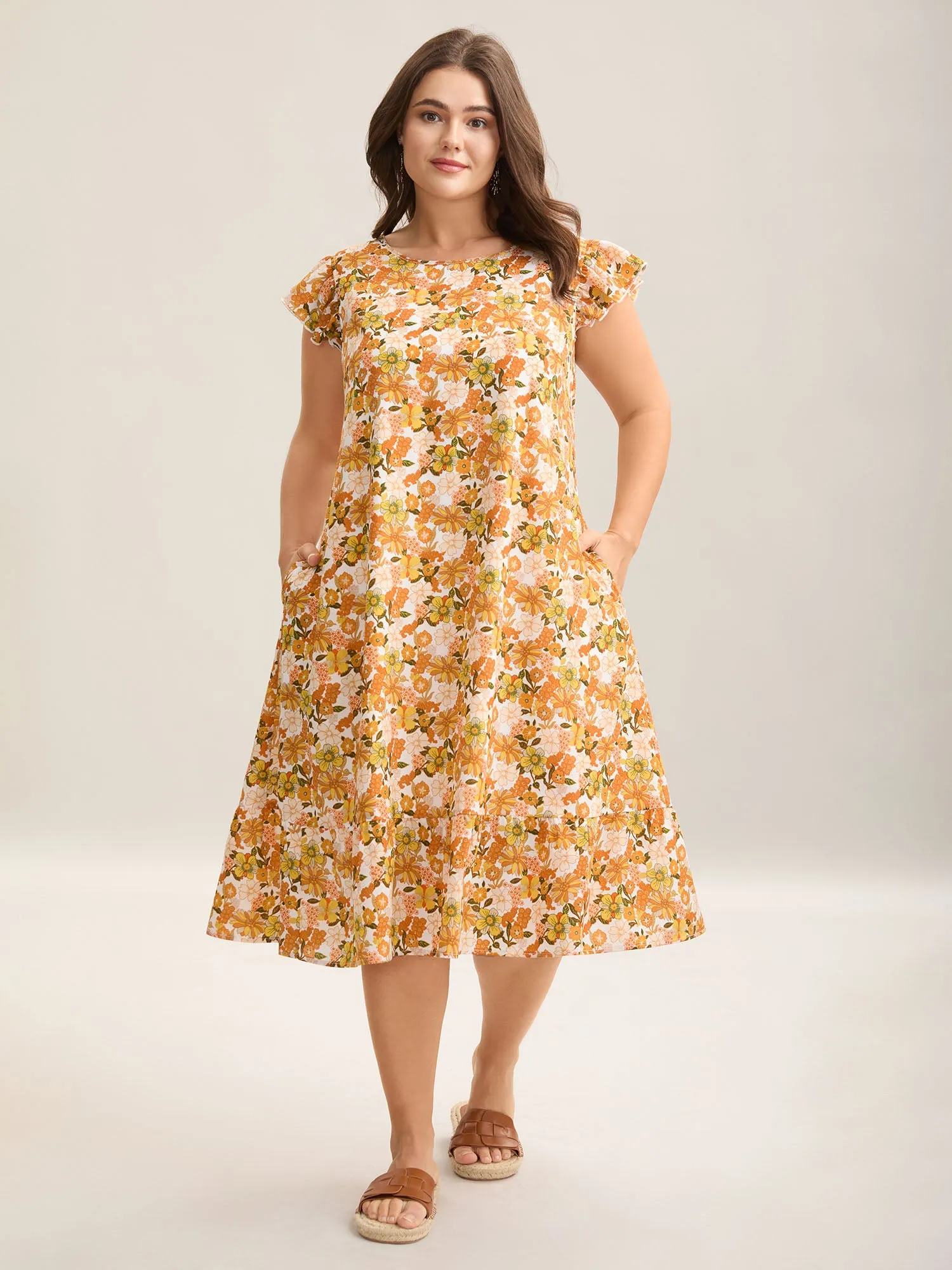 Sunkissed Floral Print Flutter Sleeve Midi Dress sold by Bloomchic