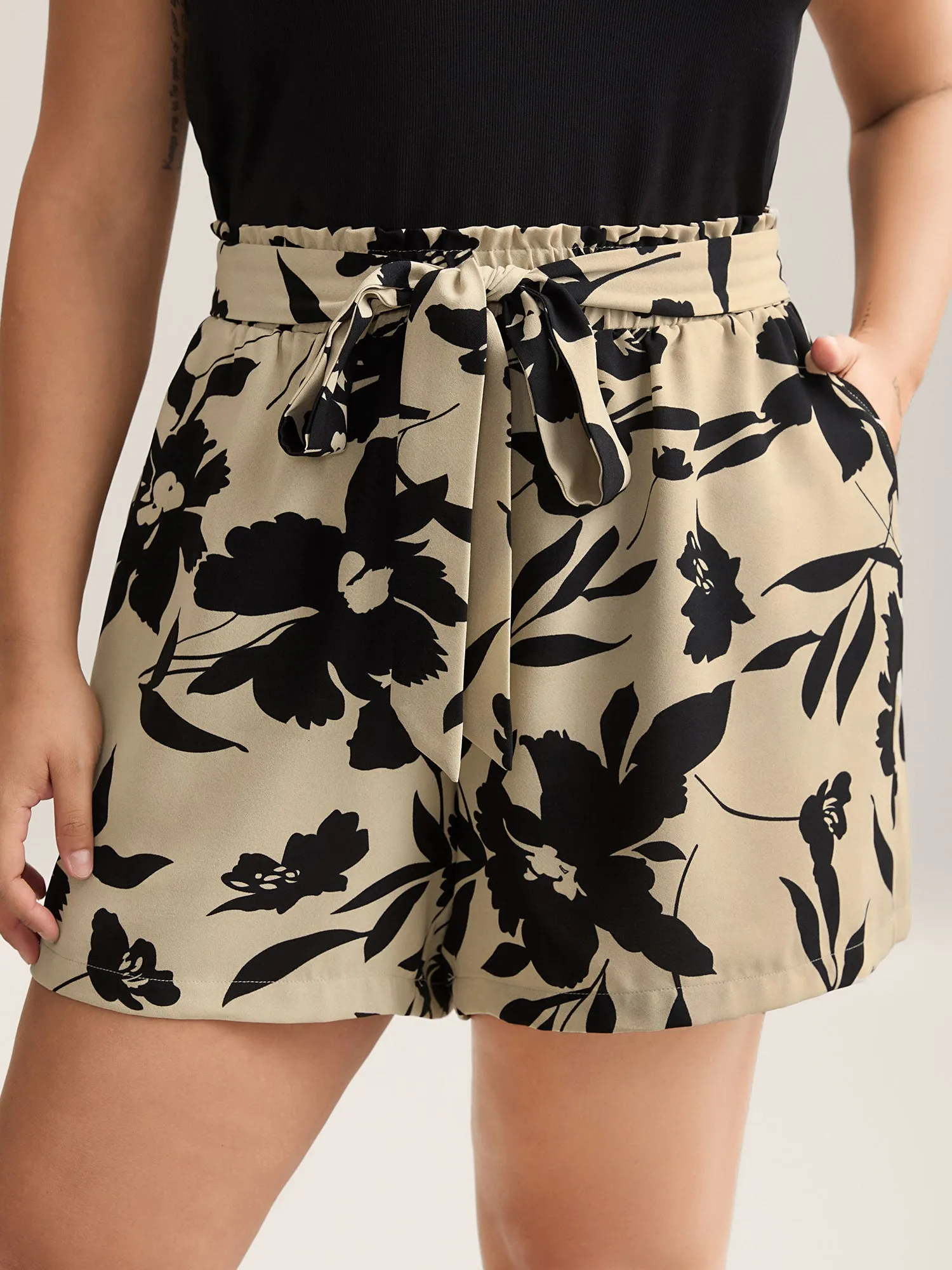 Large Flower Print Belted Straight-Leg Shorts sold by Bloomchic