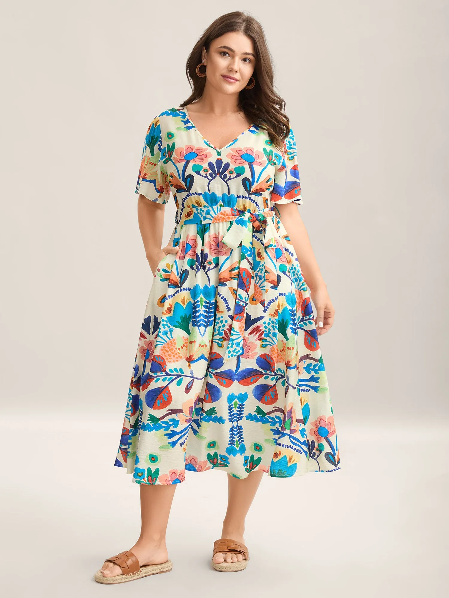 Blooming Florals V-Neck Pockets Midi Dress sold by Bloomchic