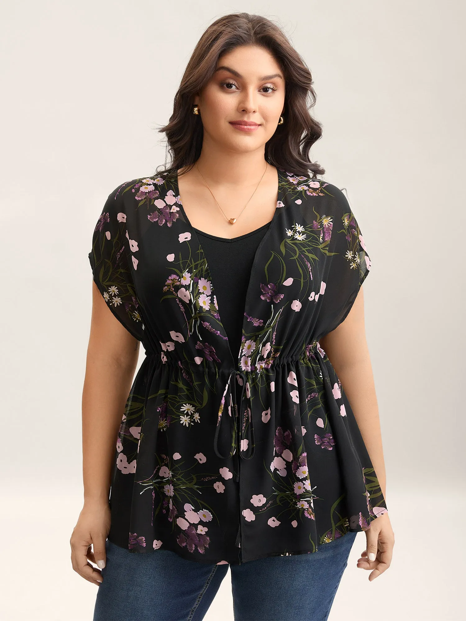 Floral Print Waist-Tie Mini Kimono sold by Bloomchic