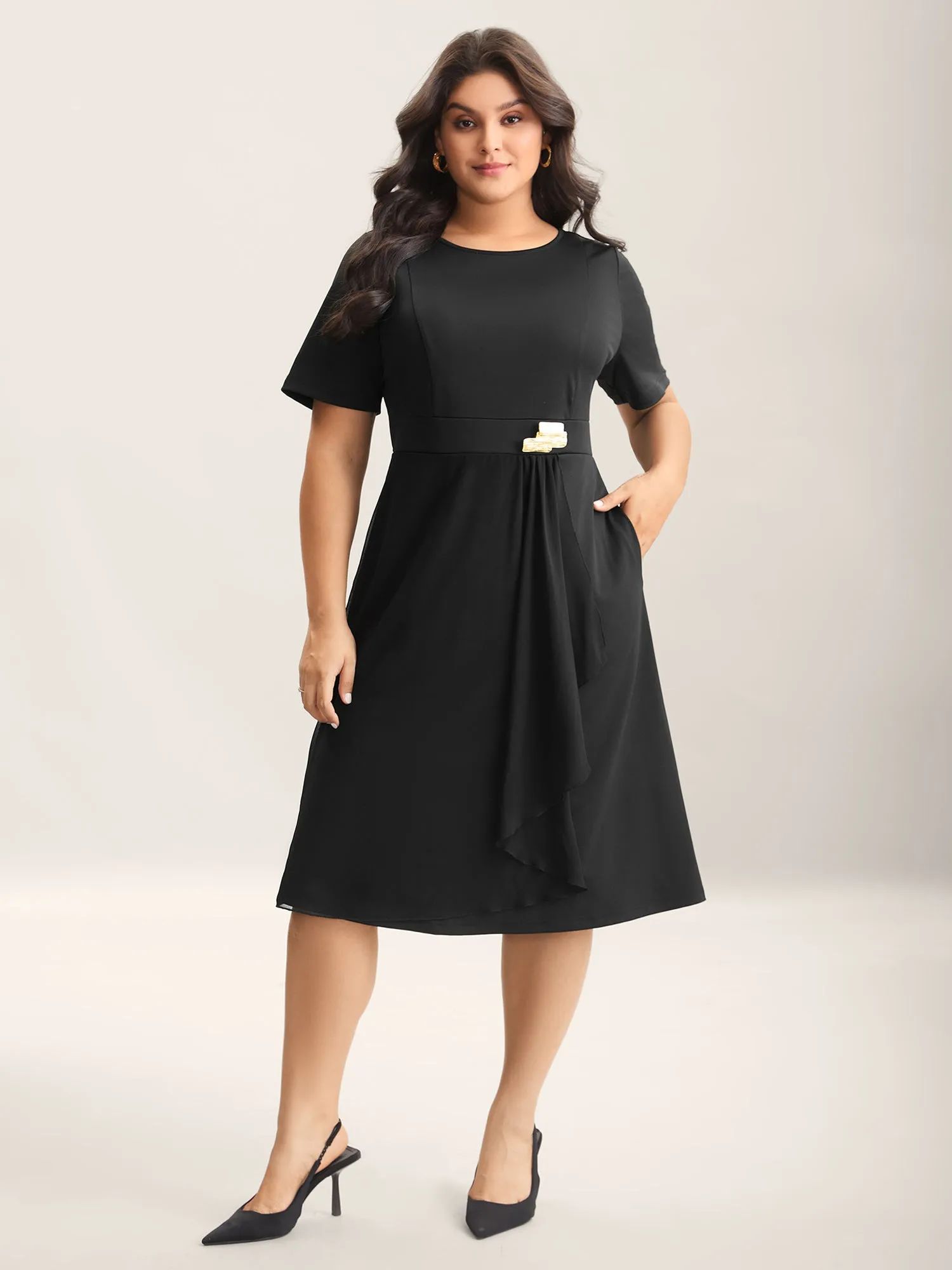 Waist-Cinched Spliced Seamed Midi Dress sold by Bloomchic