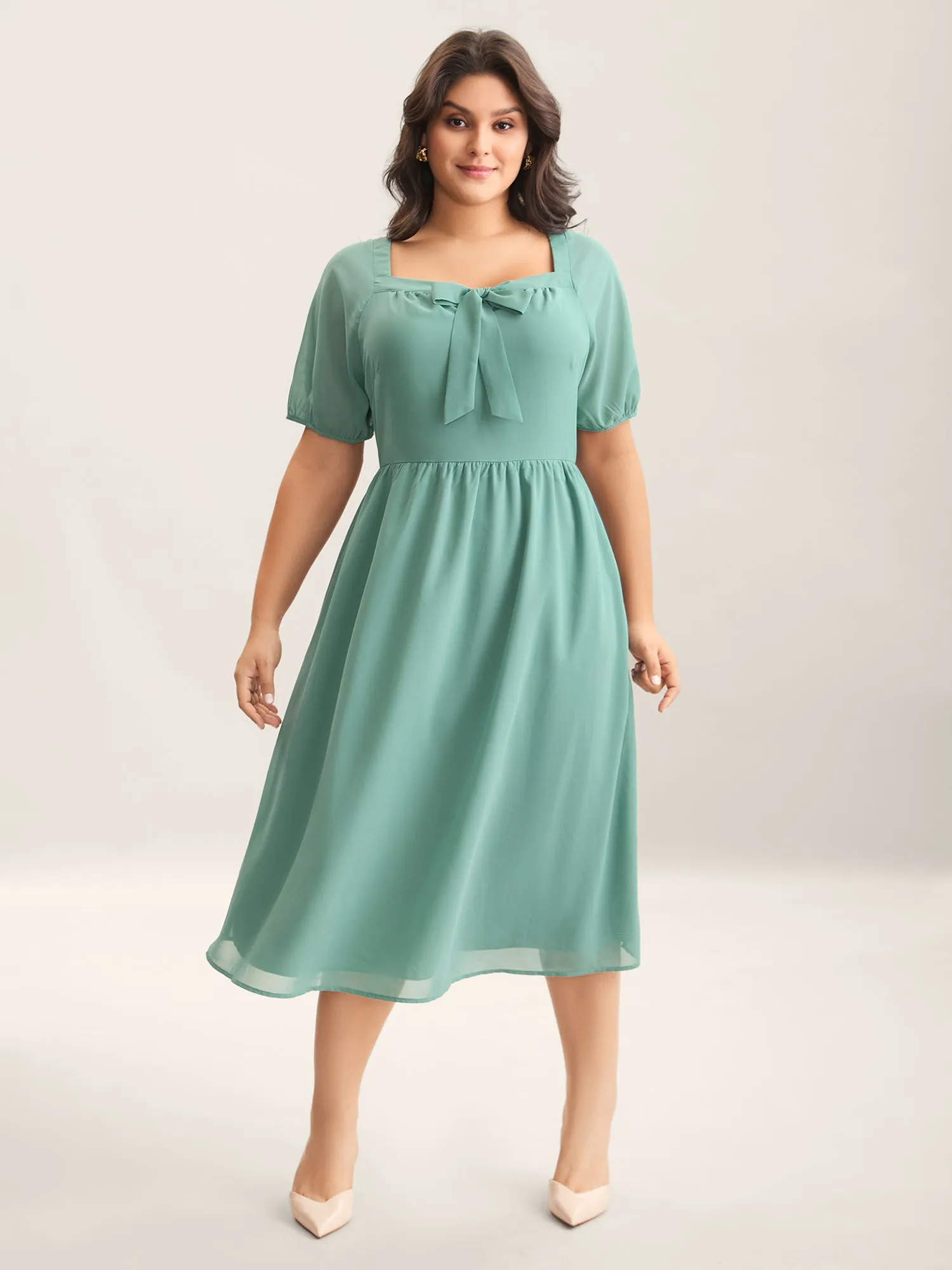 Chiffon Ribbon Collar Waist-Cinched Dress sold by Bloomchic