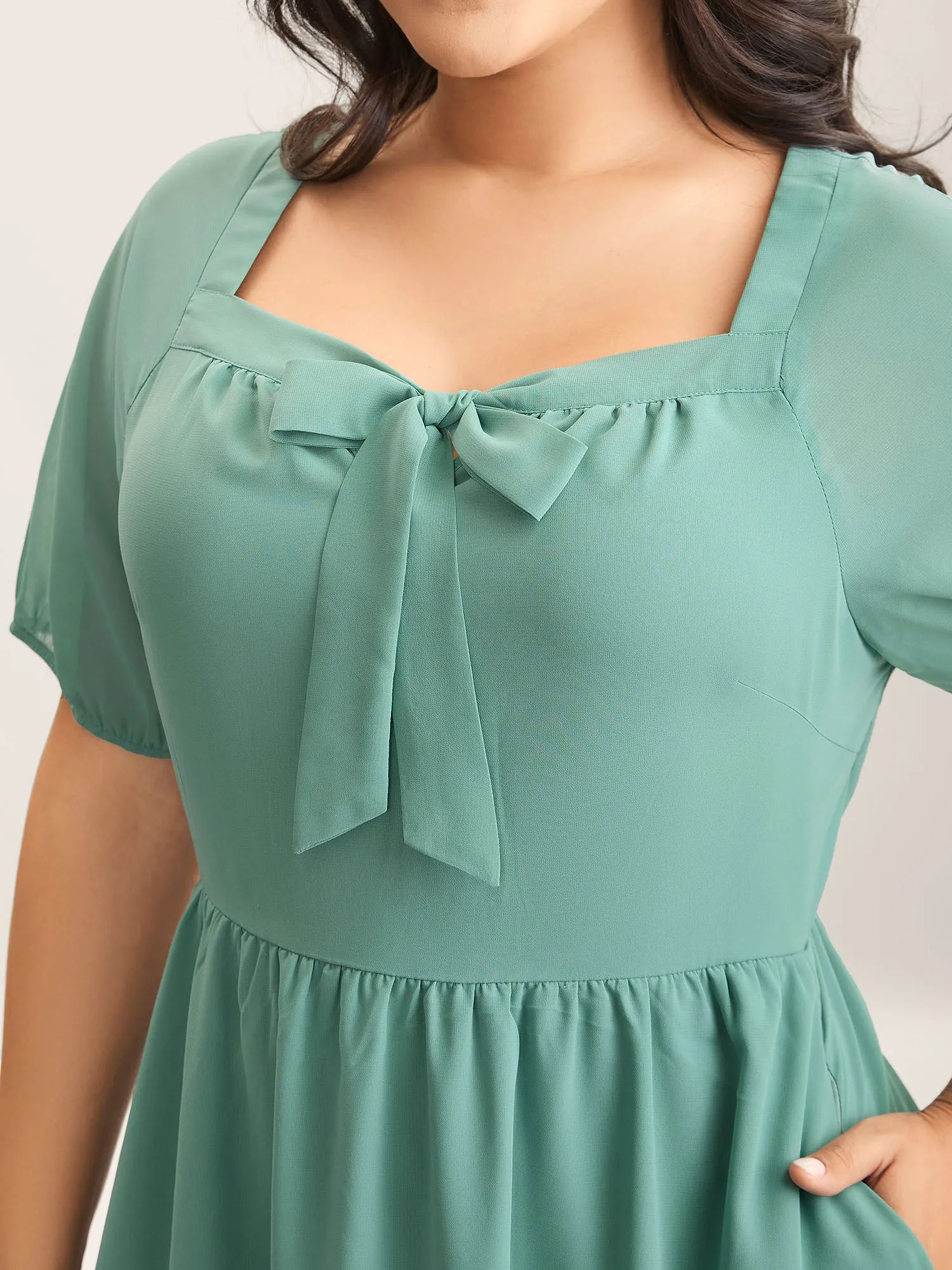 Chiffon Ribbon Collar Waist-Cinched Dress sold by Bloomchic product image thumbnail 2