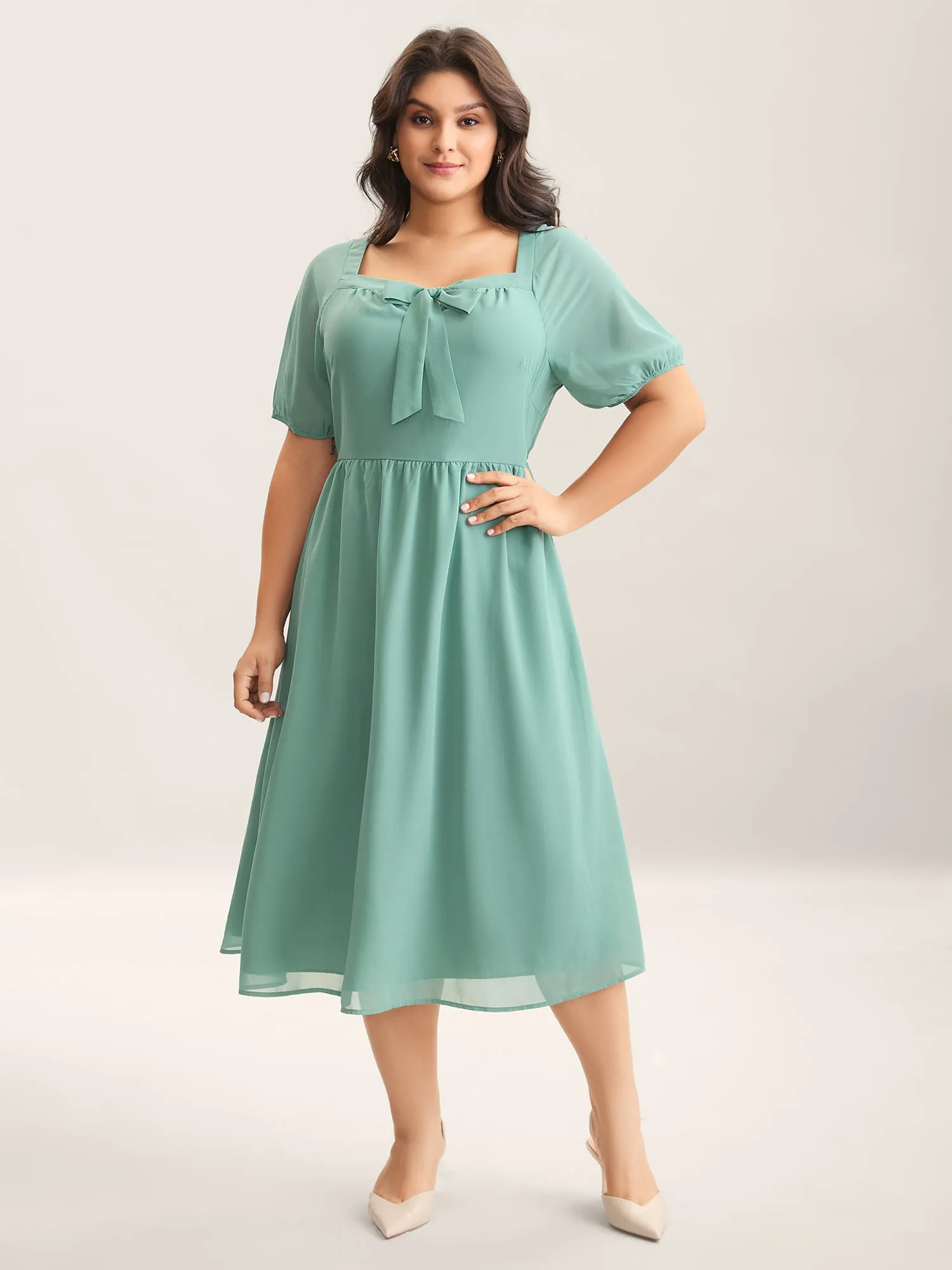 Chiffon Ribbon Collar Waist-Cinched Dress sold by Bloomchic product image thumbnail 3