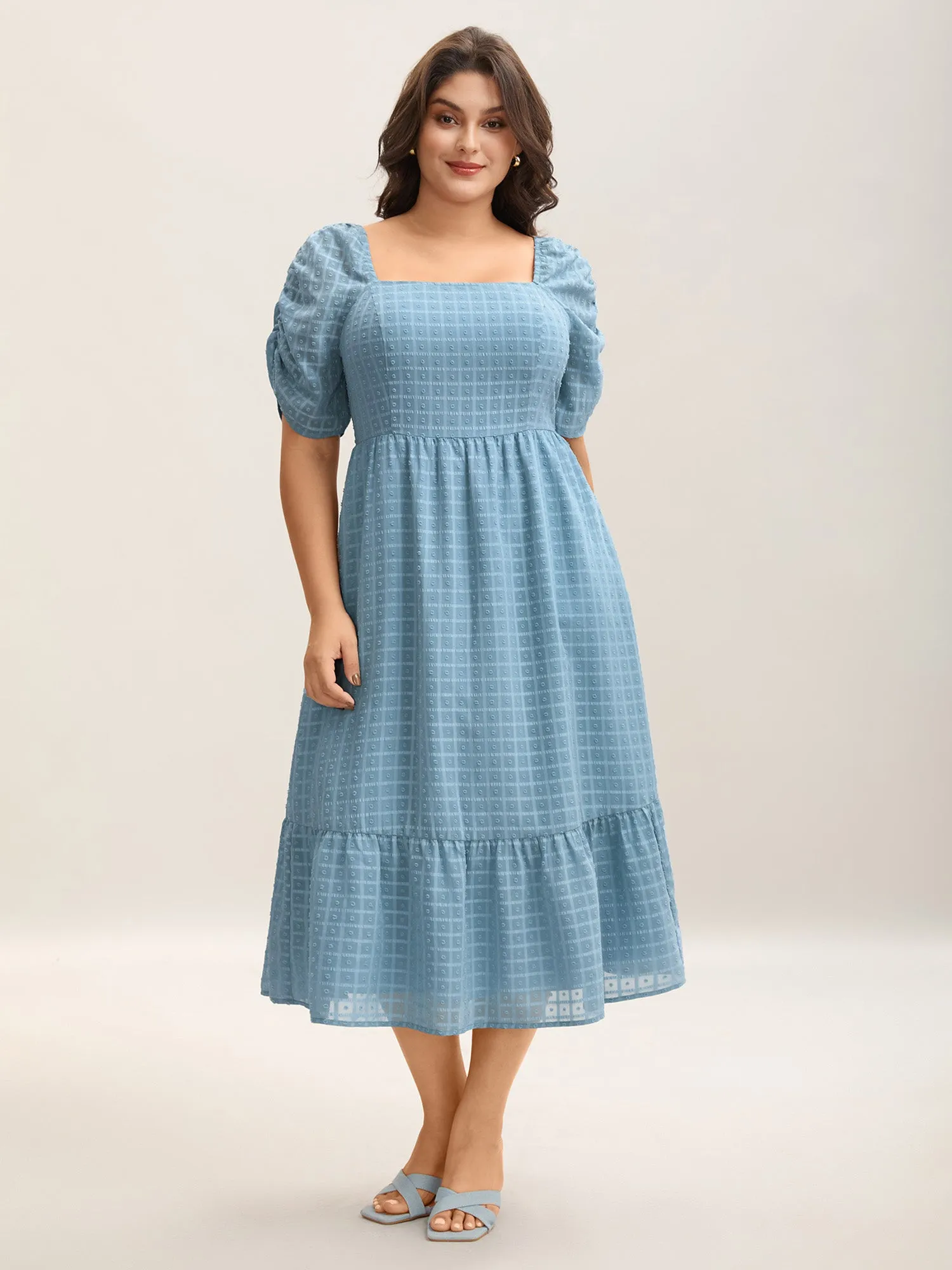 Textured Ruched Sleeve Tiered Midi Dress sold by Bloomchic