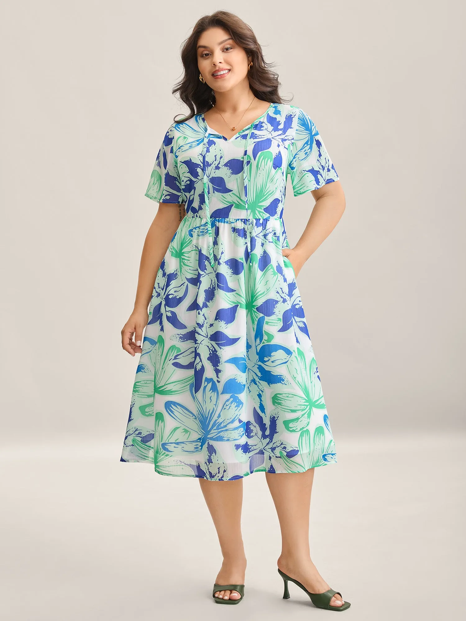 Chiffon Floral Neck Tie Lined Midi Dress sold by Bloomchic product image thumbnail 3