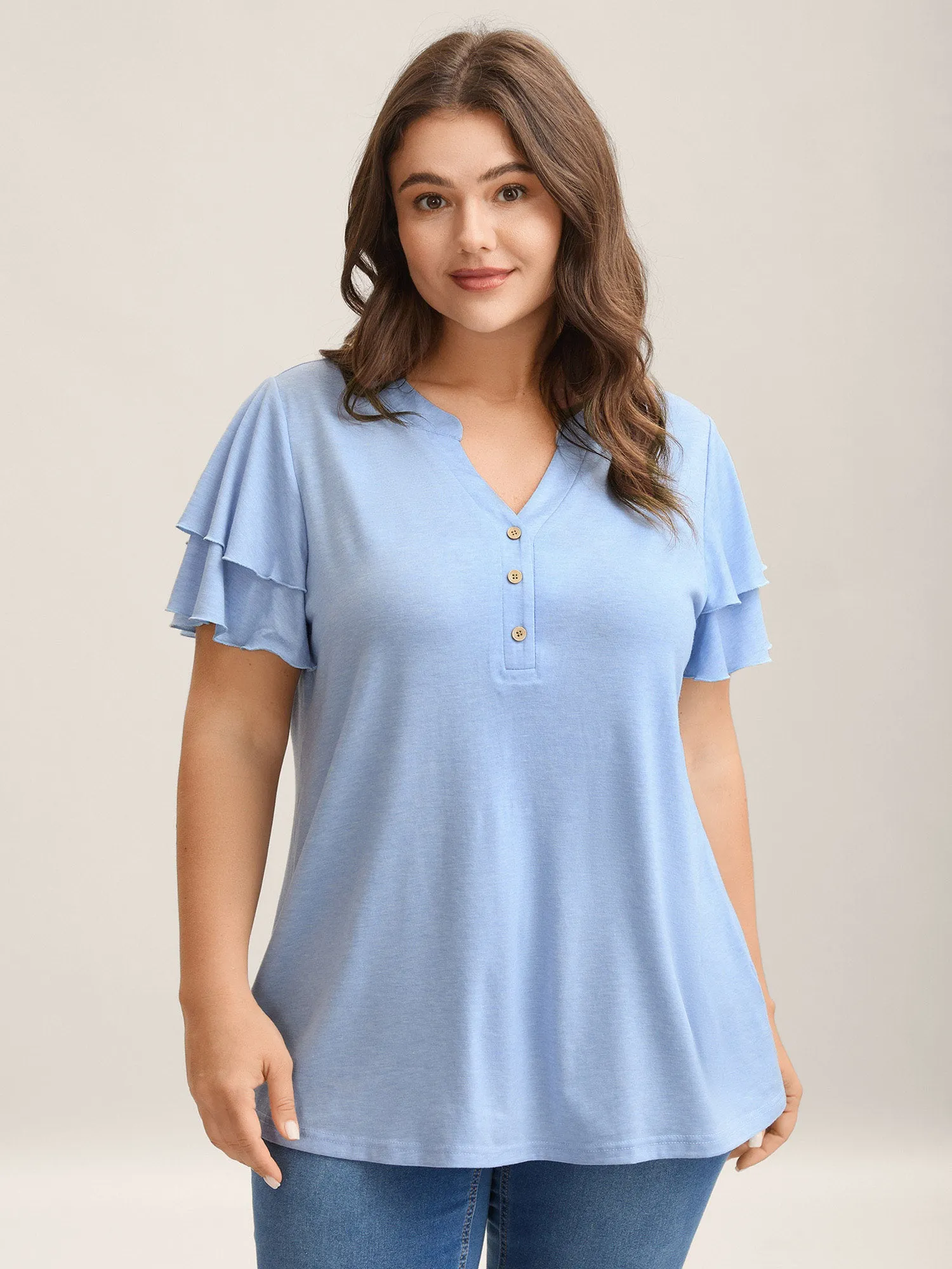 Layered Lotus Leaf Sleeve Plain T-Shirt sold by Bloomchic