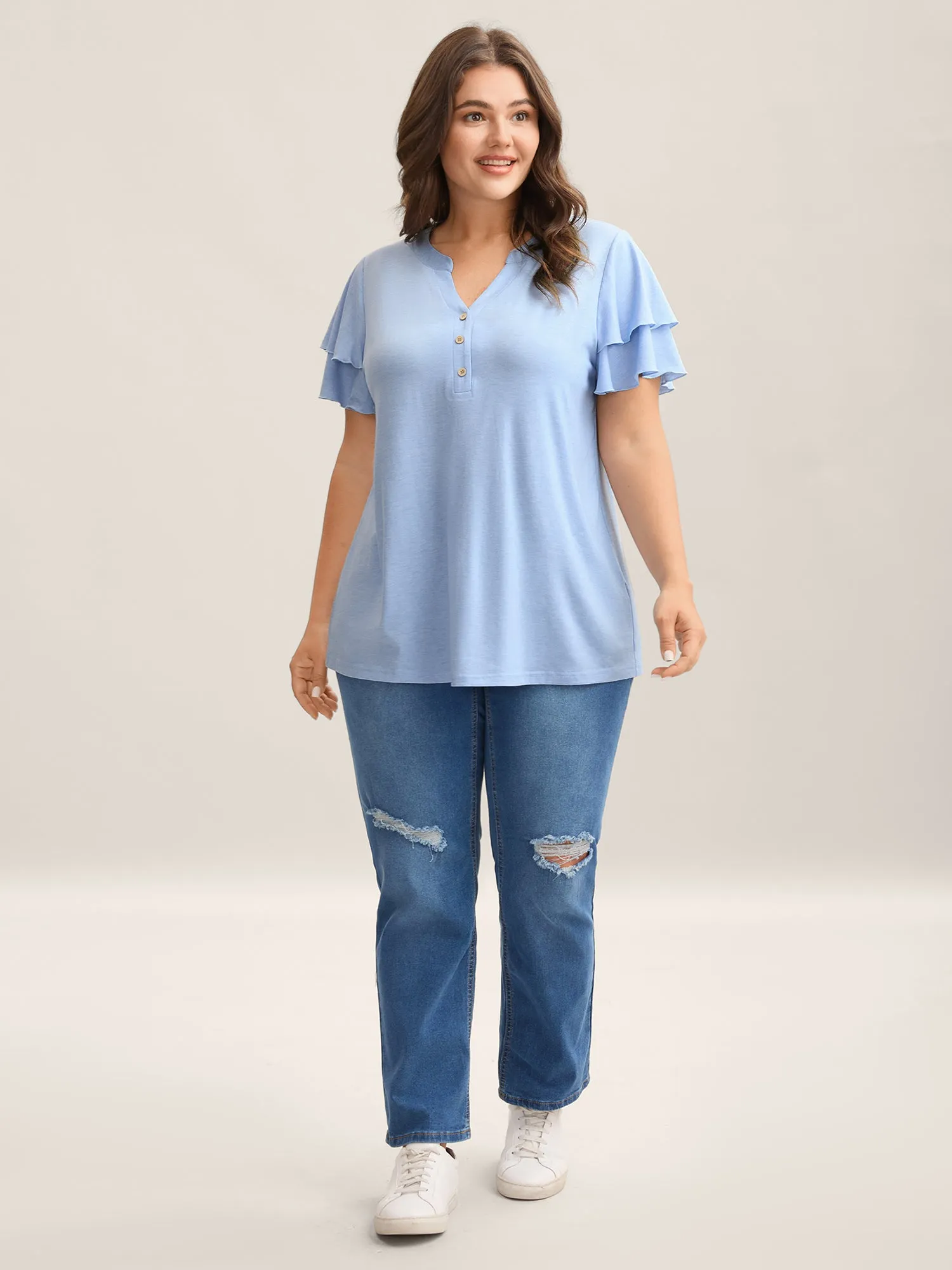 Layered Lotus Leaf Sleeve Plain T-Shirt sold by Bloomchic product image thumbnail 3