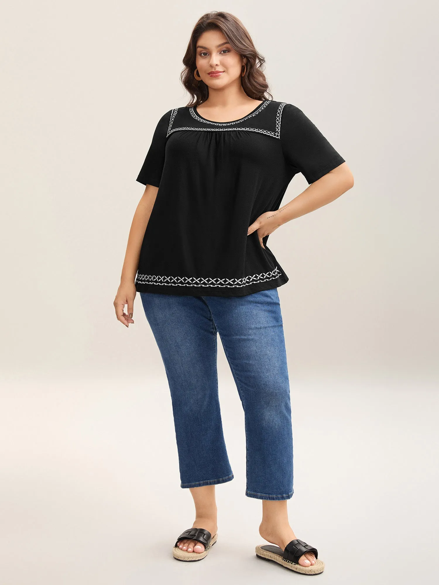 Crisscross Embroidery Straight-Fit T-Shirt sold by Bloomchic product image thumbnail 3