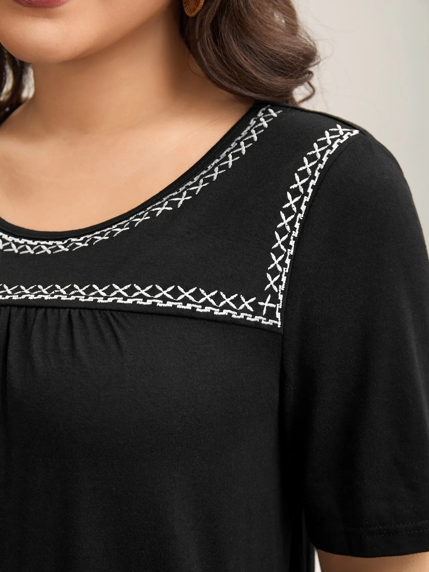 Crisscross Embroidery Straight-Fit T-Shirt sold by Bloomchic product image thumbnail 2