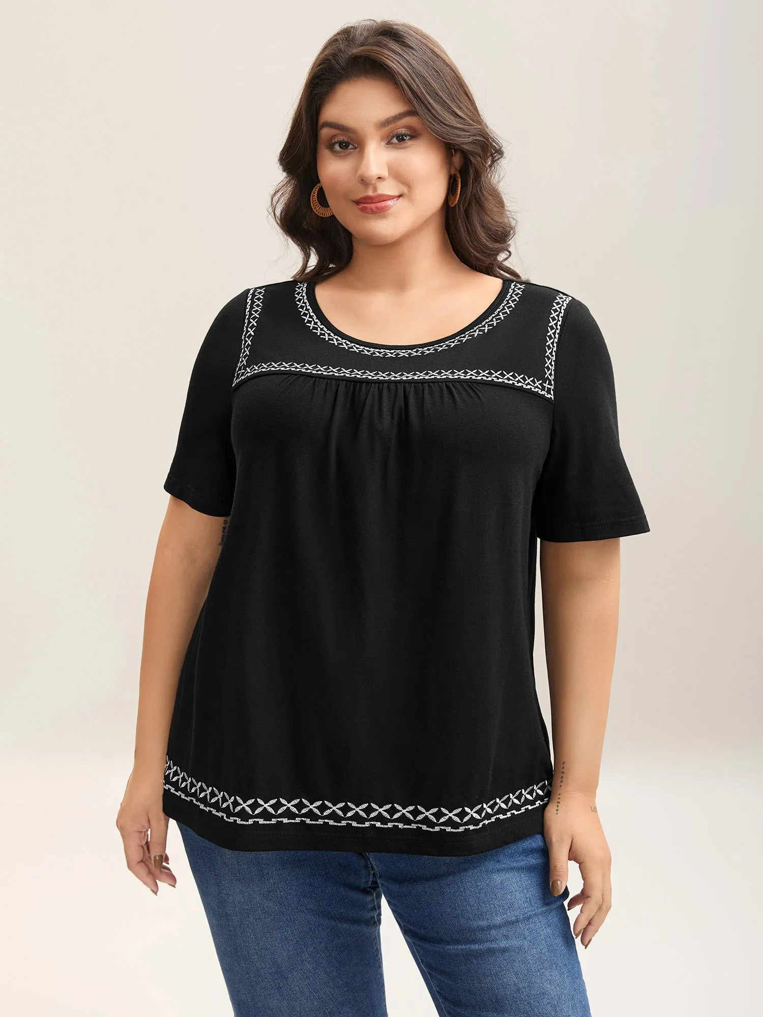 Crisscross Embroidery Straight-Fit T-Shirt sold by Bloomchic