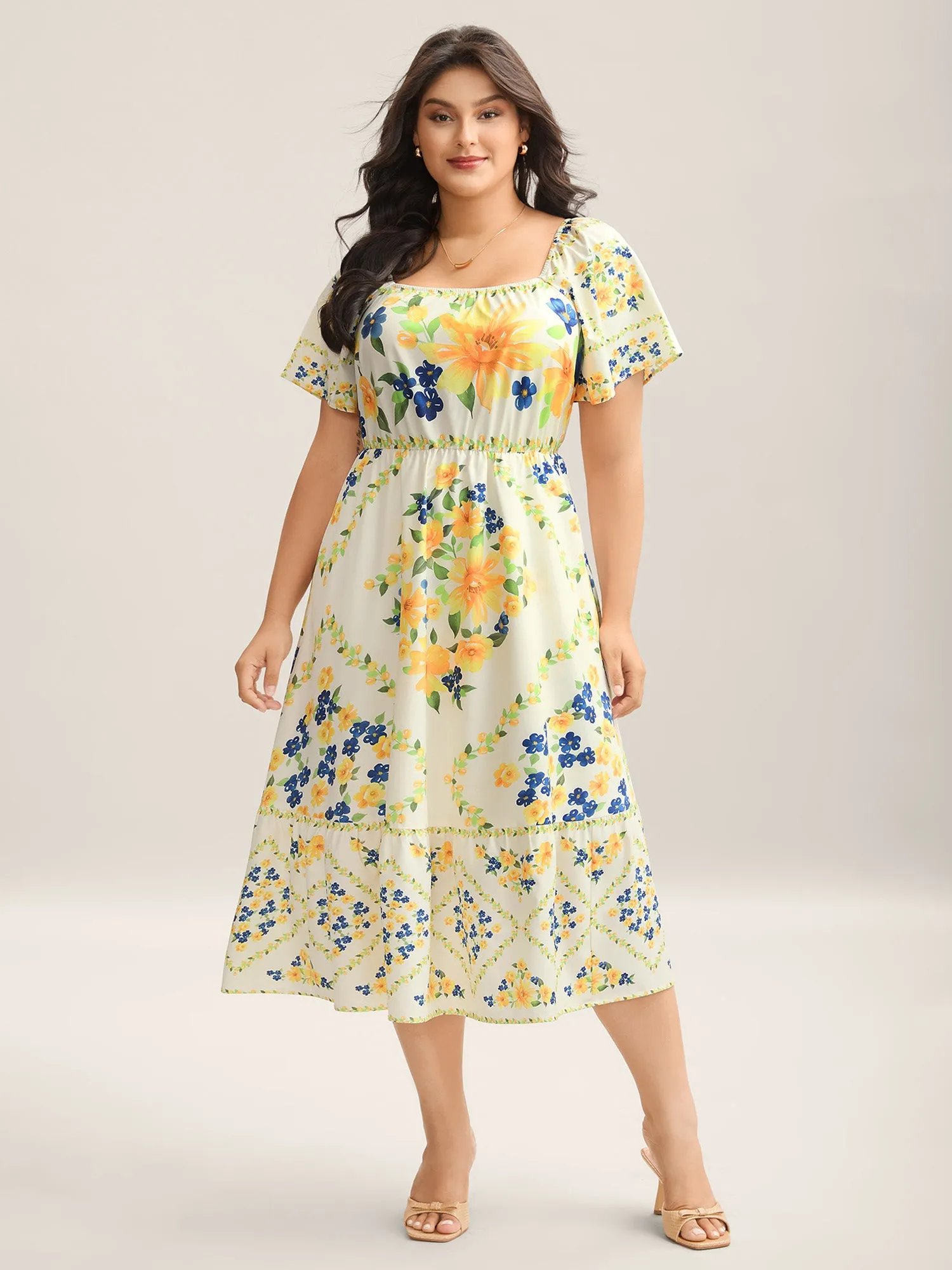 Floral Fun Print Stretchy Waist Midi Dress sold by Bloomchic