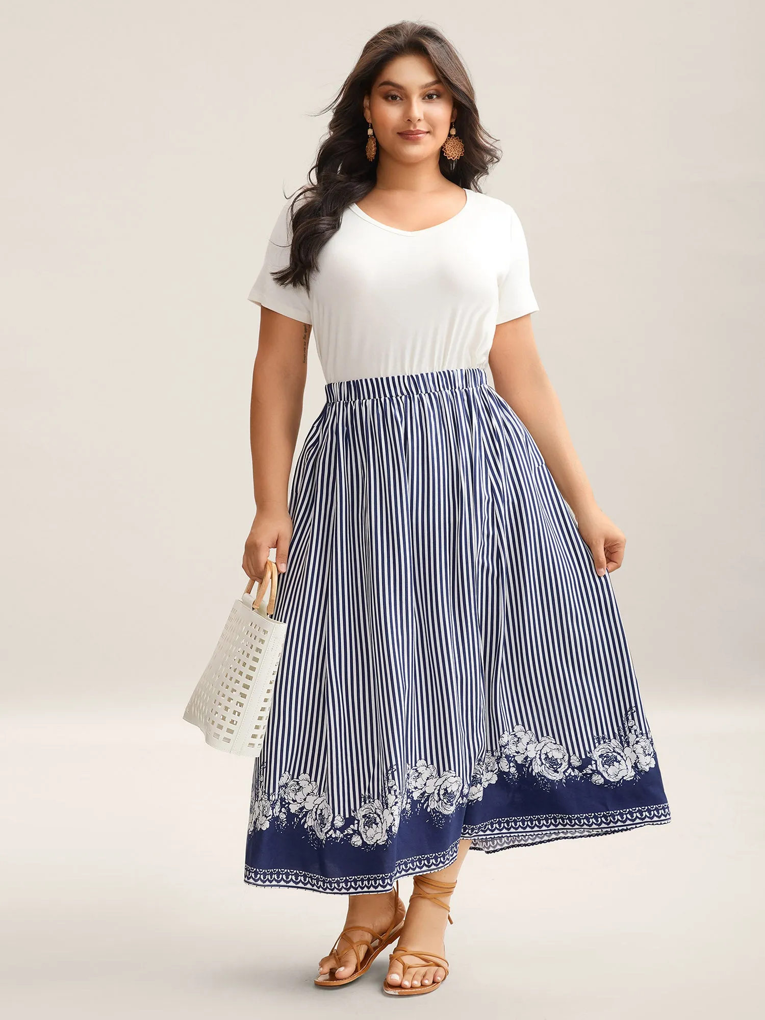 Striped Floral Hem Flowy Maxi Skirt sold by Bloomchic product image thumbnail 4