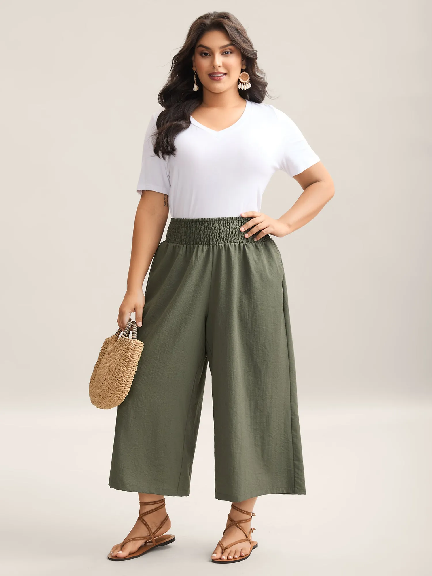 Shirred Waist Wide-Leg Solid Pants sold by Bloomchic product image thumbnail 3