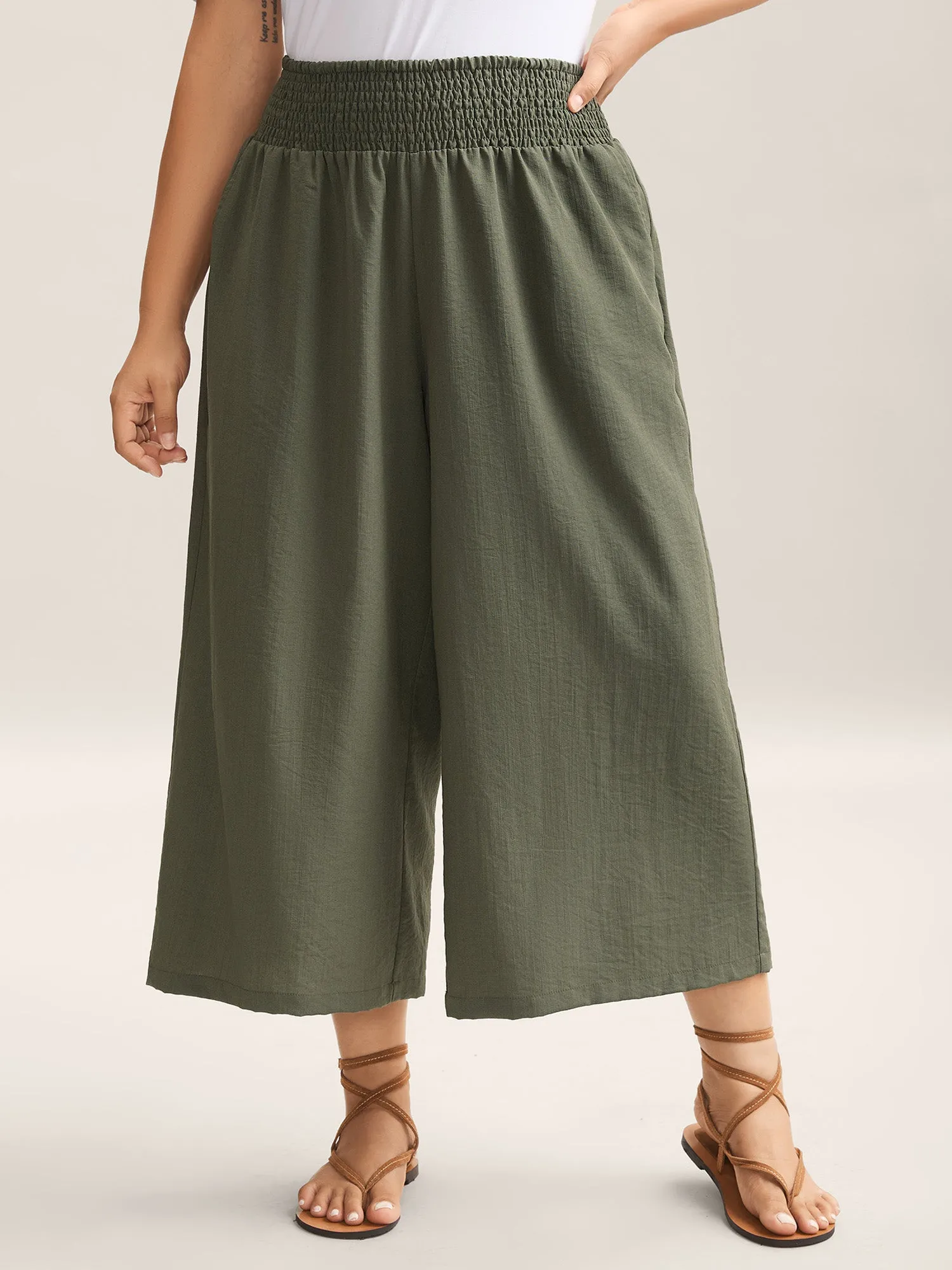 Shirred Waist Wide-Leg Solid Pants sold by Bloomchic
