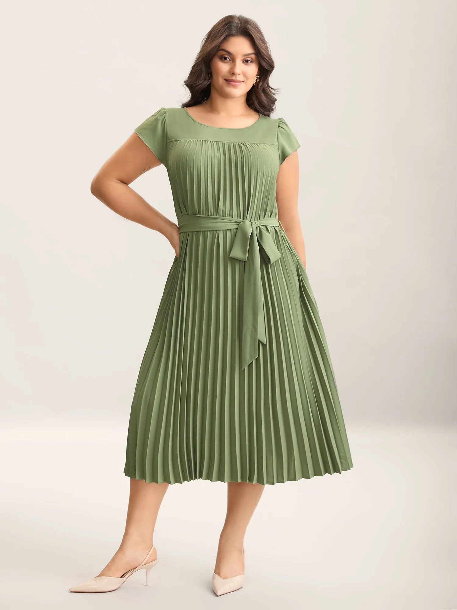 Plicated Detail Belted Pockets Maxi Dress sold by Bloomchic