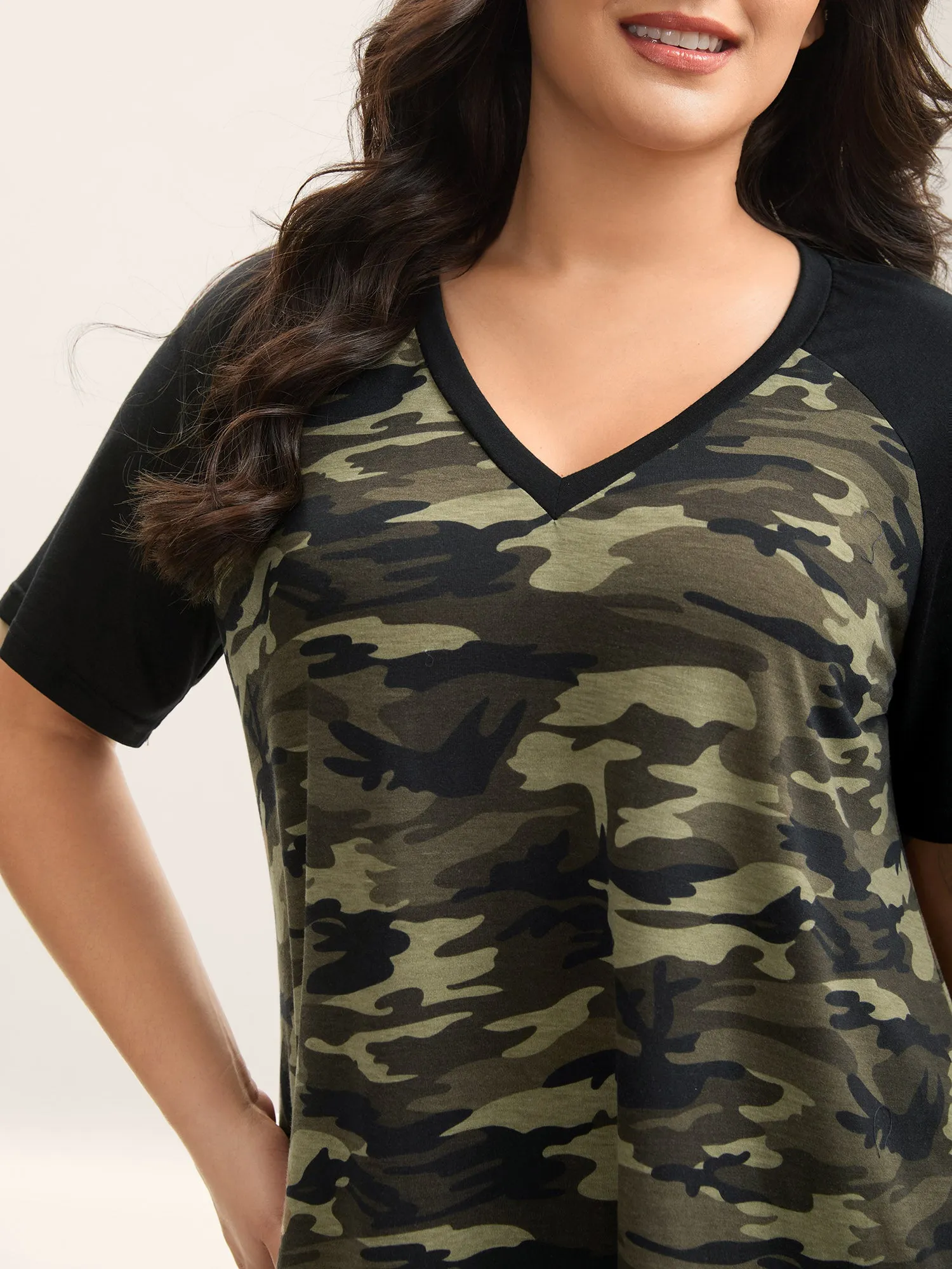 Camouflage Print Raglan Sleeve T-Shirt sold by Bloomchic