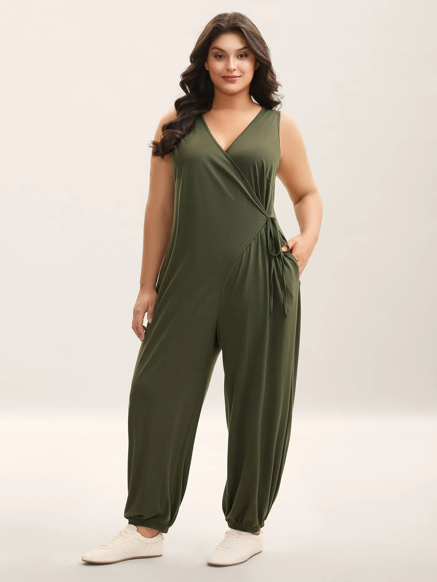Stretchy Solid Wrap Tie Harlan Jumpsuit sold by Bloomchic
