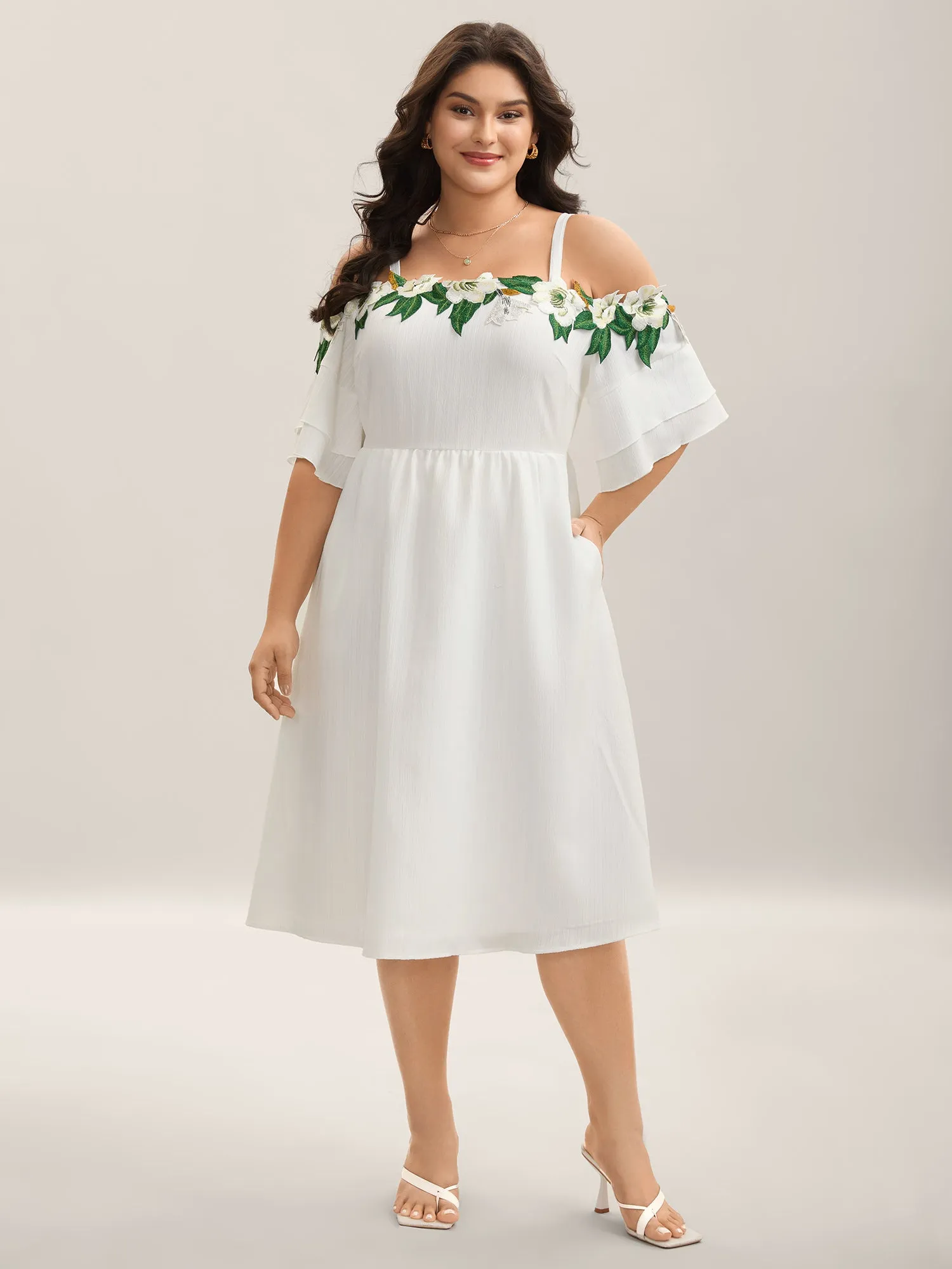 Floral Lace Off-Shoulder Adjustable Midi Dress sold by Bloomchic product image thumbnail 3