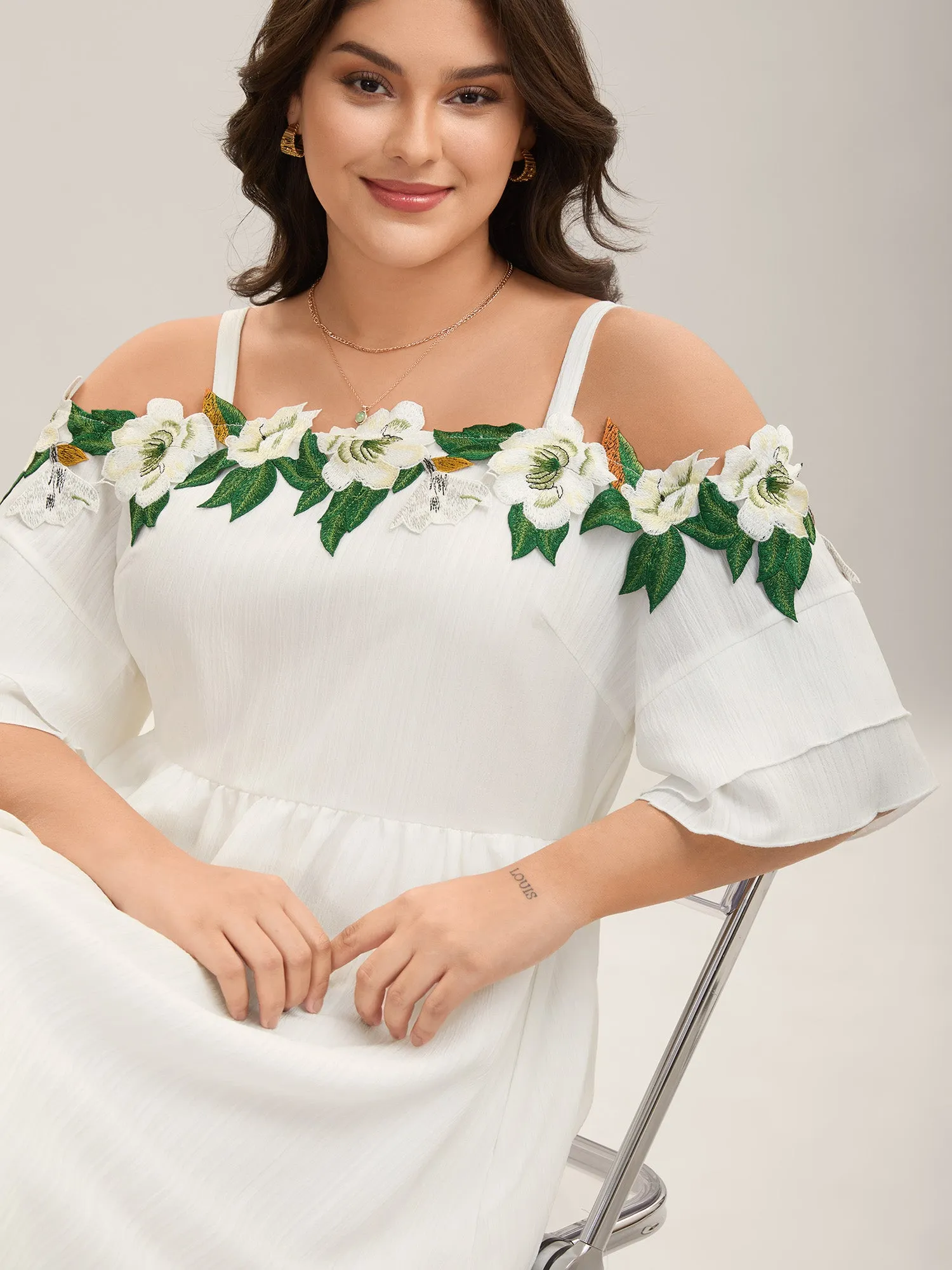 Floral Lace Off-Shoulder Adjustable Midi Dress sold by Bloomchic