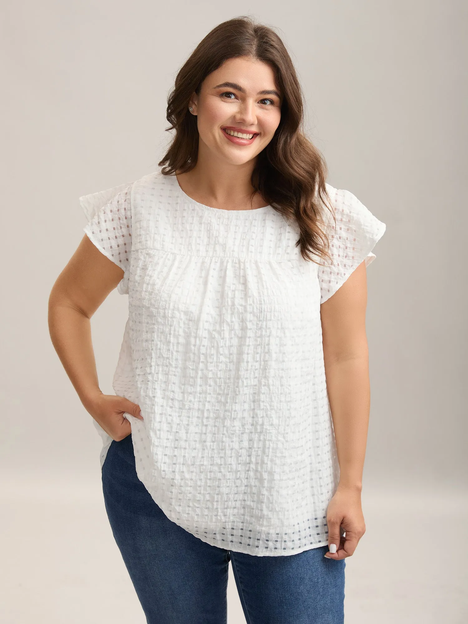 Textured Sheer Lined Flutter Sleeve Blouse sold by Bloomchic