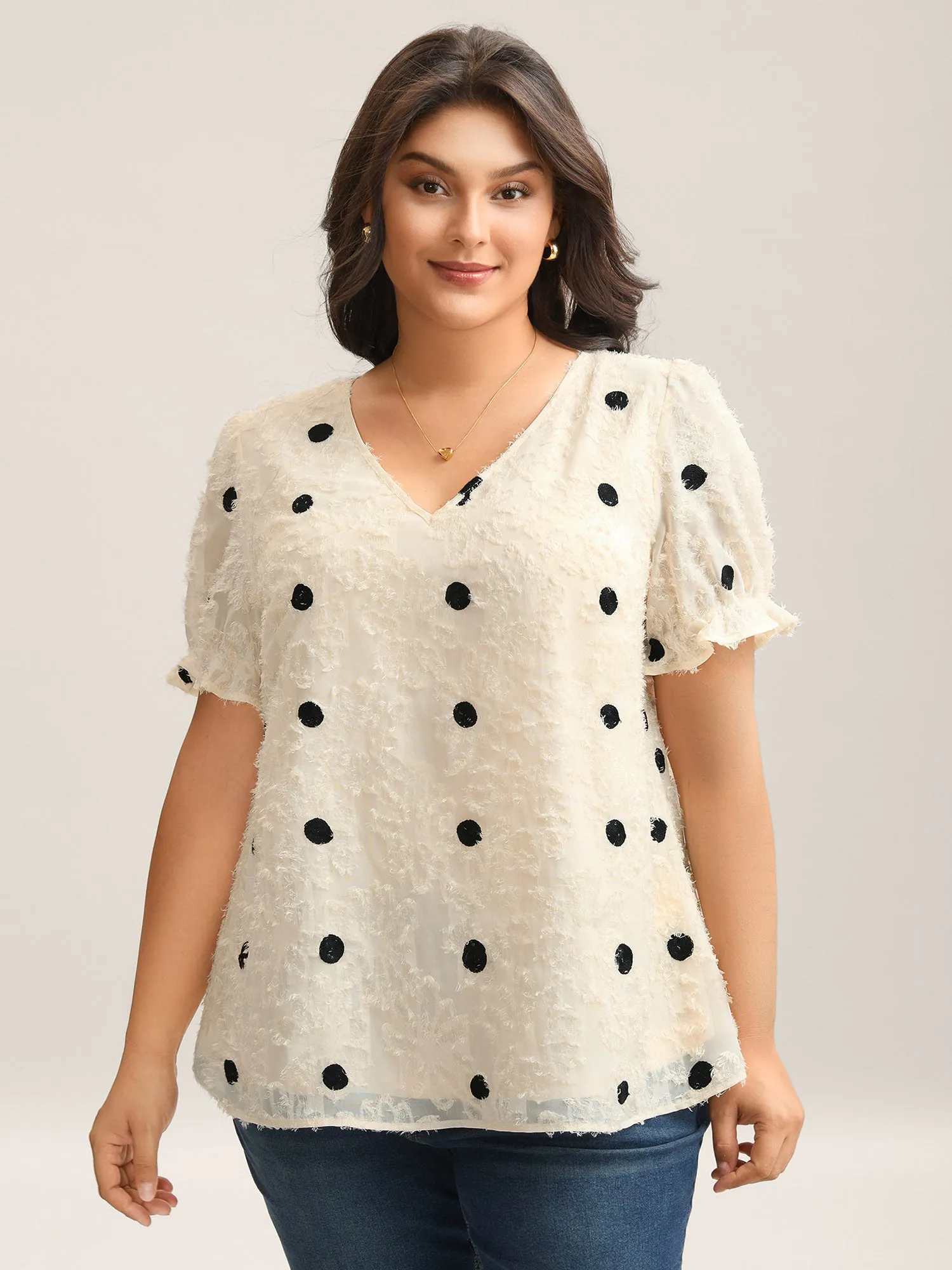 Textured Dots V-Neck Puff Sleeve Blouse sold by Bloomchic