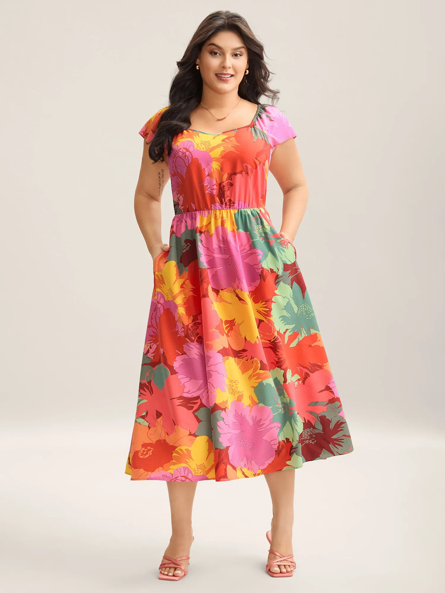 Colorful Large Flower Print Pockets Midi Dress sold by Bloomchic