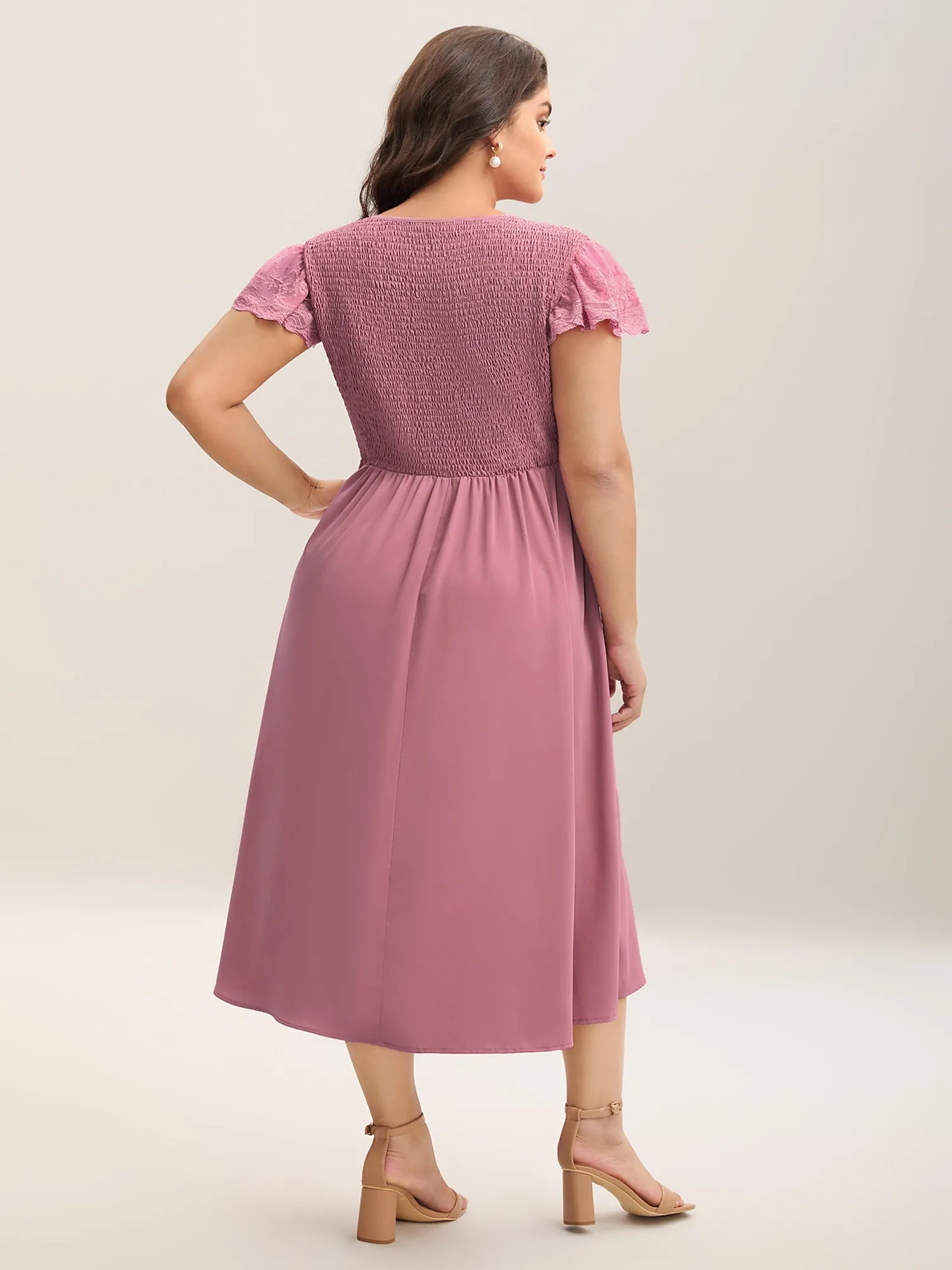 Flutter Sleeve Lace Stretchy Waist Midi Dress sold by Bloomchic product image thumbnail 4